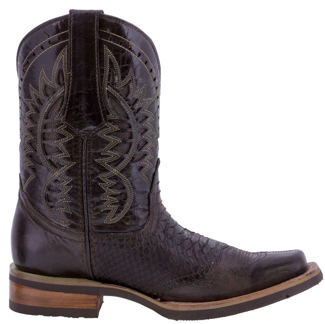 Texas Legacy Men's Brown Western Leather Cowboy Boots with Snake Print & Square Toe - Perfect for Rodeo, Country Music Festivals & Western Fashion