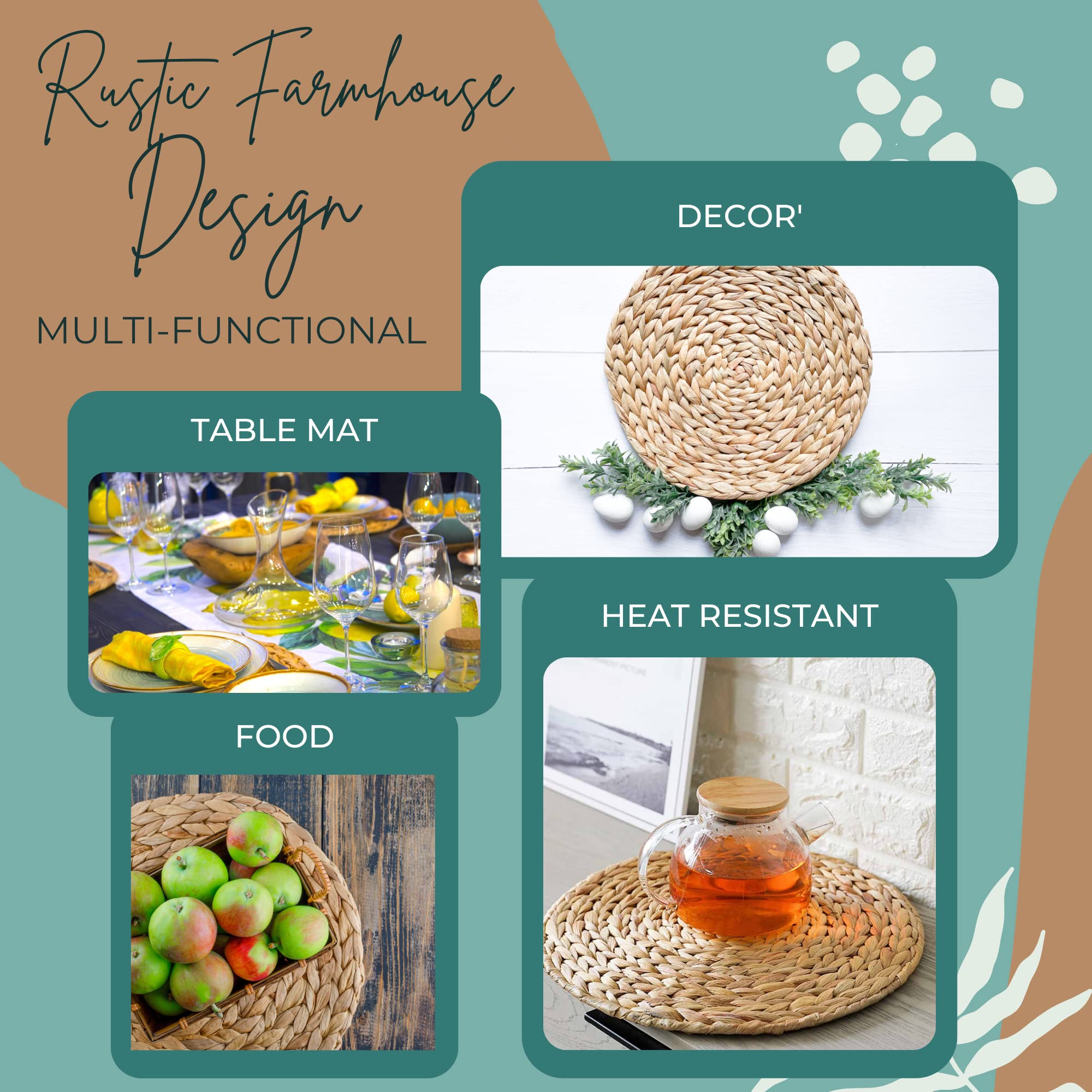 Round Woven Placemats Set of 8 - Natural Water Hyacinth Braided Straw Table Mats | Heat Resistant & Non-Slip Kitchen Dining Decor | Perfect for Farmhouse, Boho, and Coastal Style Home Decor (11.8 Inch)
