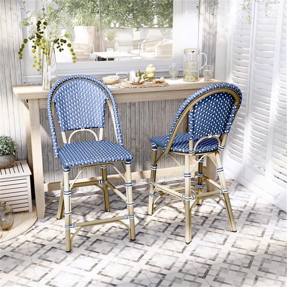 Furniture of America REO Aluminum Patio Counter Dining Chairs in Blue (Set of 2) - Outdoor Bar Stools for Backyard, Poolside & Garden Dining