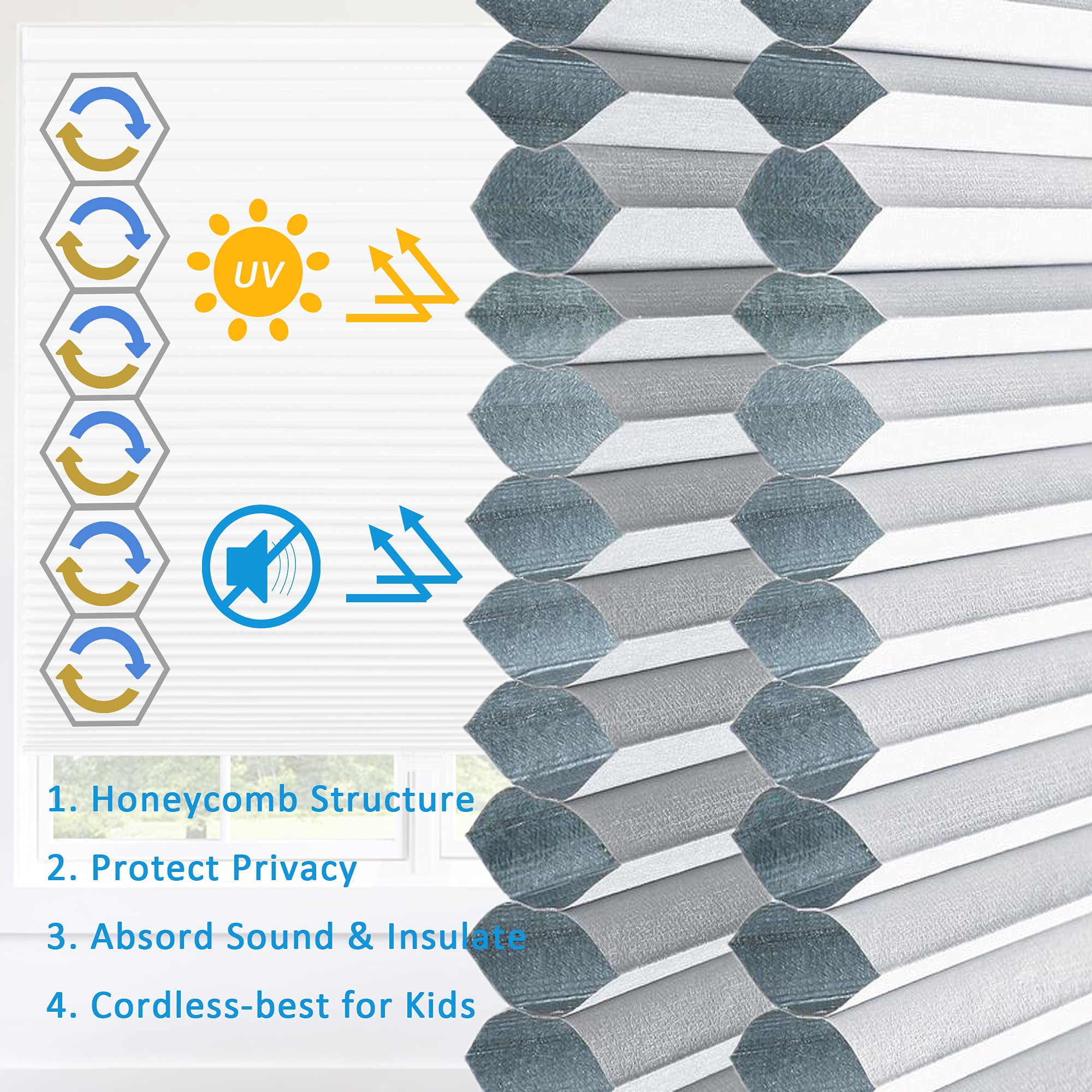 Blackout Cordless Cellular Shades for Windows - Total Privacy Honeycomb Blinds with Push-Pull Safety, UV & Noise Insulation, Pleated Fabric - Custom Size (39