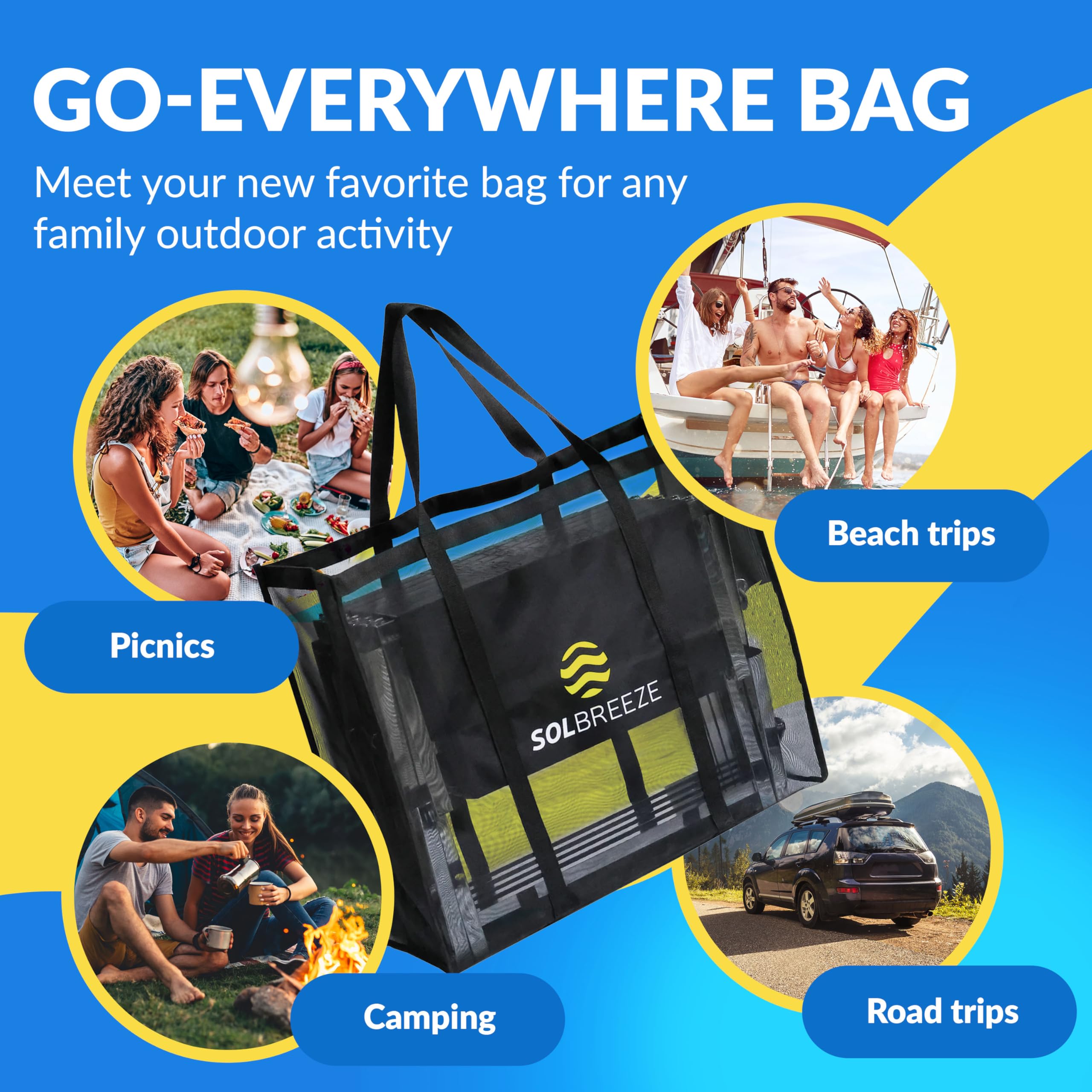 SOLBREEZE XX-Large Beach Tote Bag - Heavy Duty 60 lbs Capacity, Fits 2 Beach Chairs, Water-Resistant Black Sand Carrier | Perfect for Beach Trips, Poolside Lounging & Summer Vacations