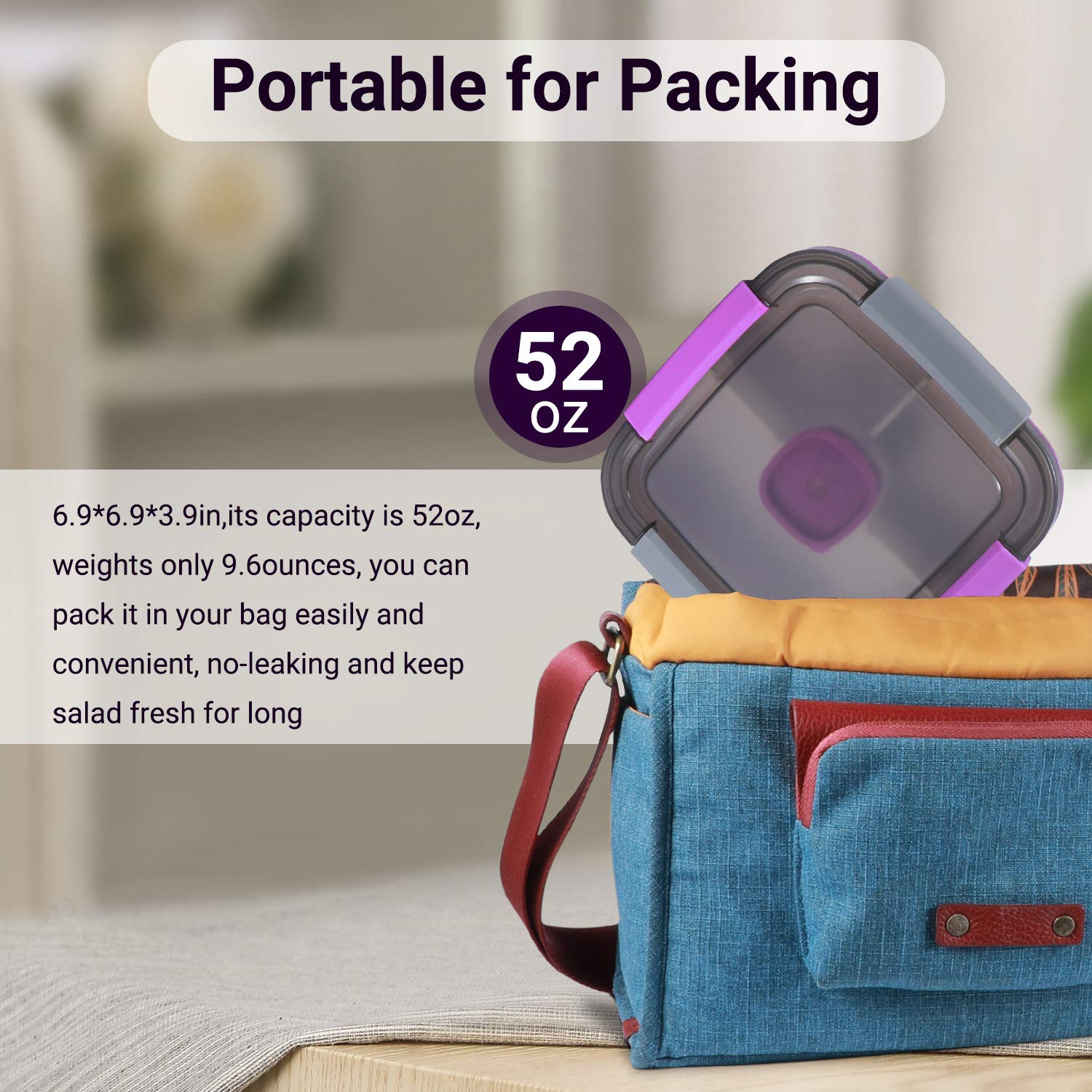 Freshmage 52 oz Bento Lunch Box with 3 Compartments & Dressing Container - Leakproof Meal Prep Container for Salads, Snacks, Office Lunch - Perfect for Men & Women (Purple) | Ideal for Meal Prep, Work Lunch, Picnics & Healthy Eating On-the-Go