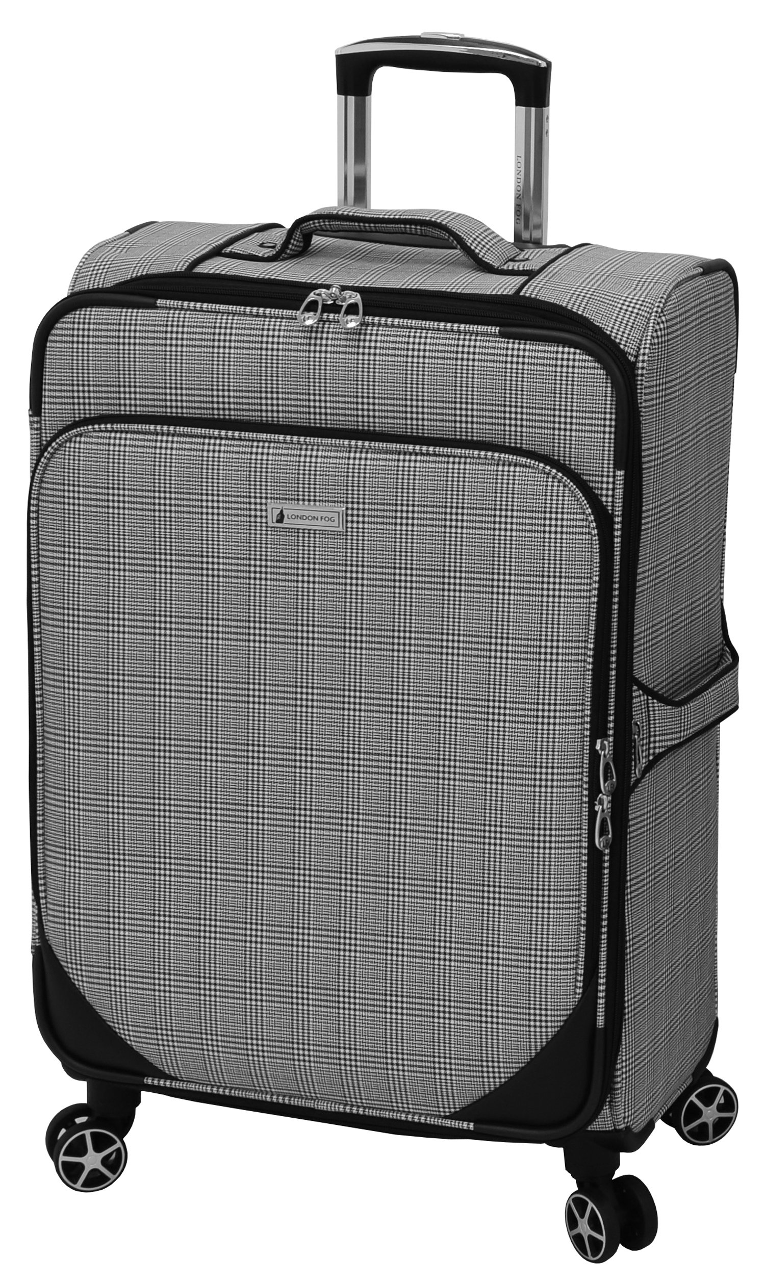 London Fog Softside Spinner Luggage 24-Inch Checked Medium Suitcase - Black Menswear Plaid Design for Business Travel & Vacation | Durable Lightweight Expandable Carry-On Luggage with 360° Wheels