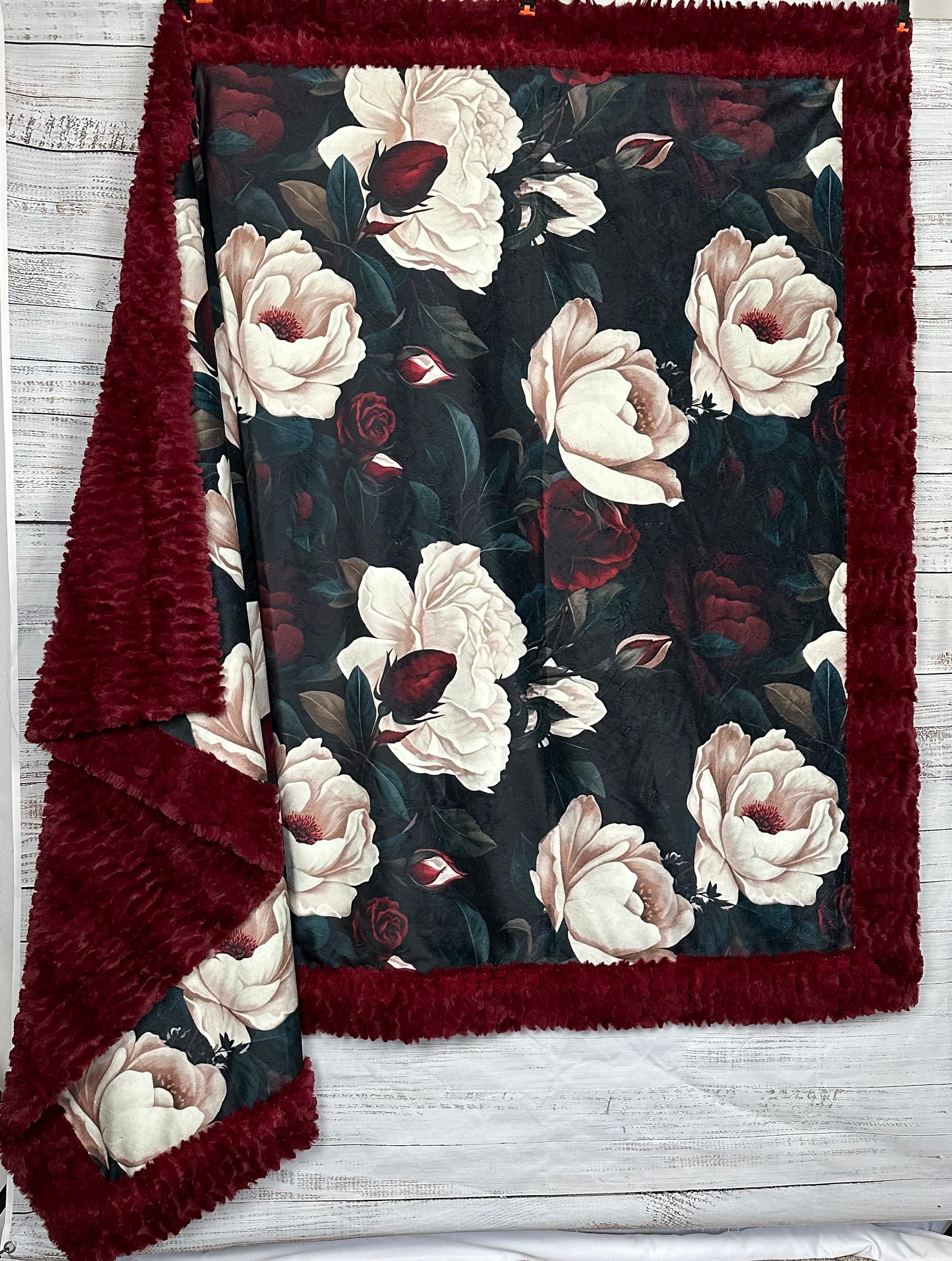 Gothic Rose on Merlot Luxury Large 55x79 Inch Minky Blanket - Ultra Soft & Durable Spoonflower Fabric - Perfect for Bedroom Decor, Cozy Sofa Throw, and Gift Giving