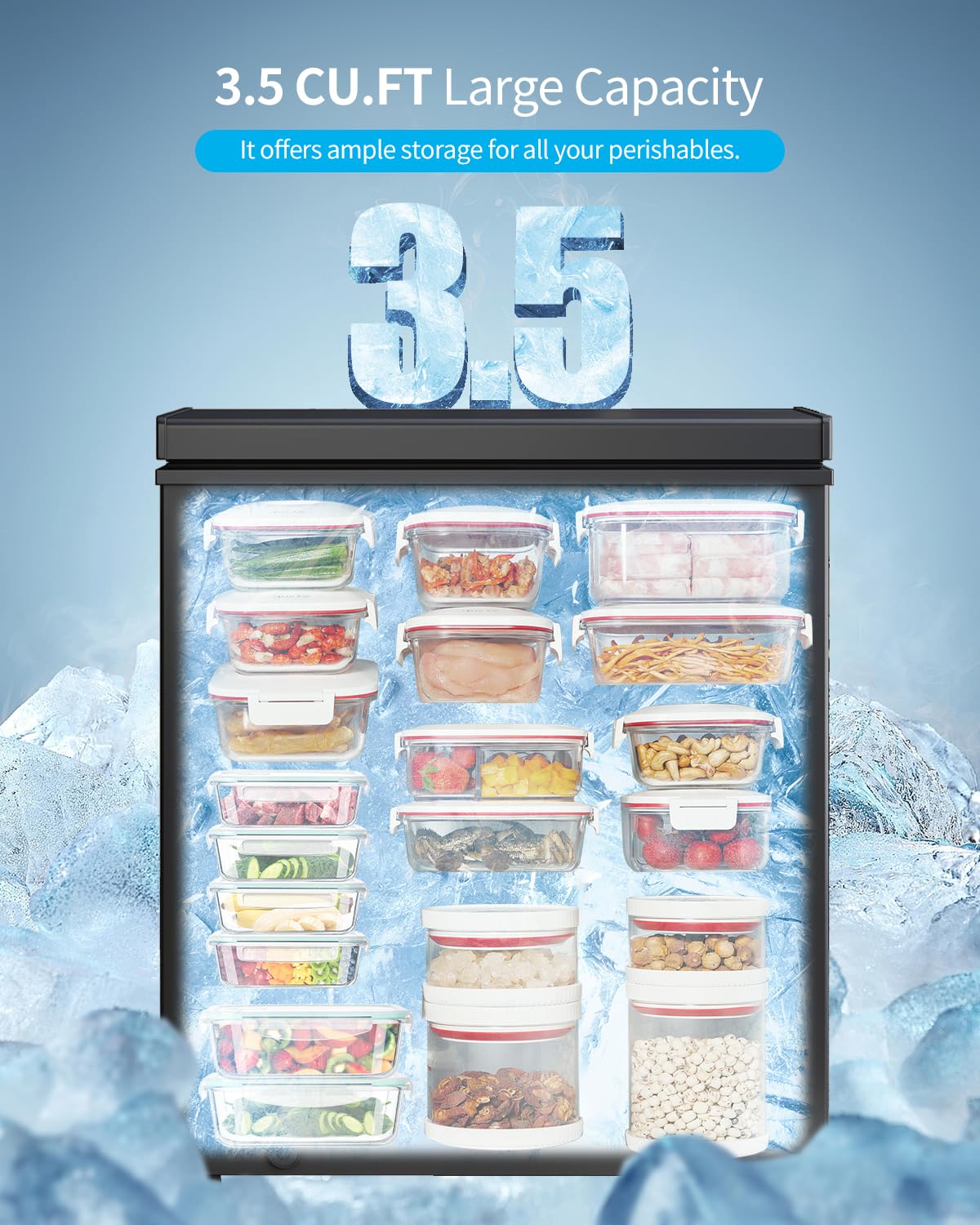 TABU 3.5 Cubic Feet Chest Freezer - Compact Top Open Deep Freezer with Removable Basket, 7-Level Adjustable Thermostat, Freestanding Design (Black) - Perfect for Home, Garage, Basement, or Small Business Storage