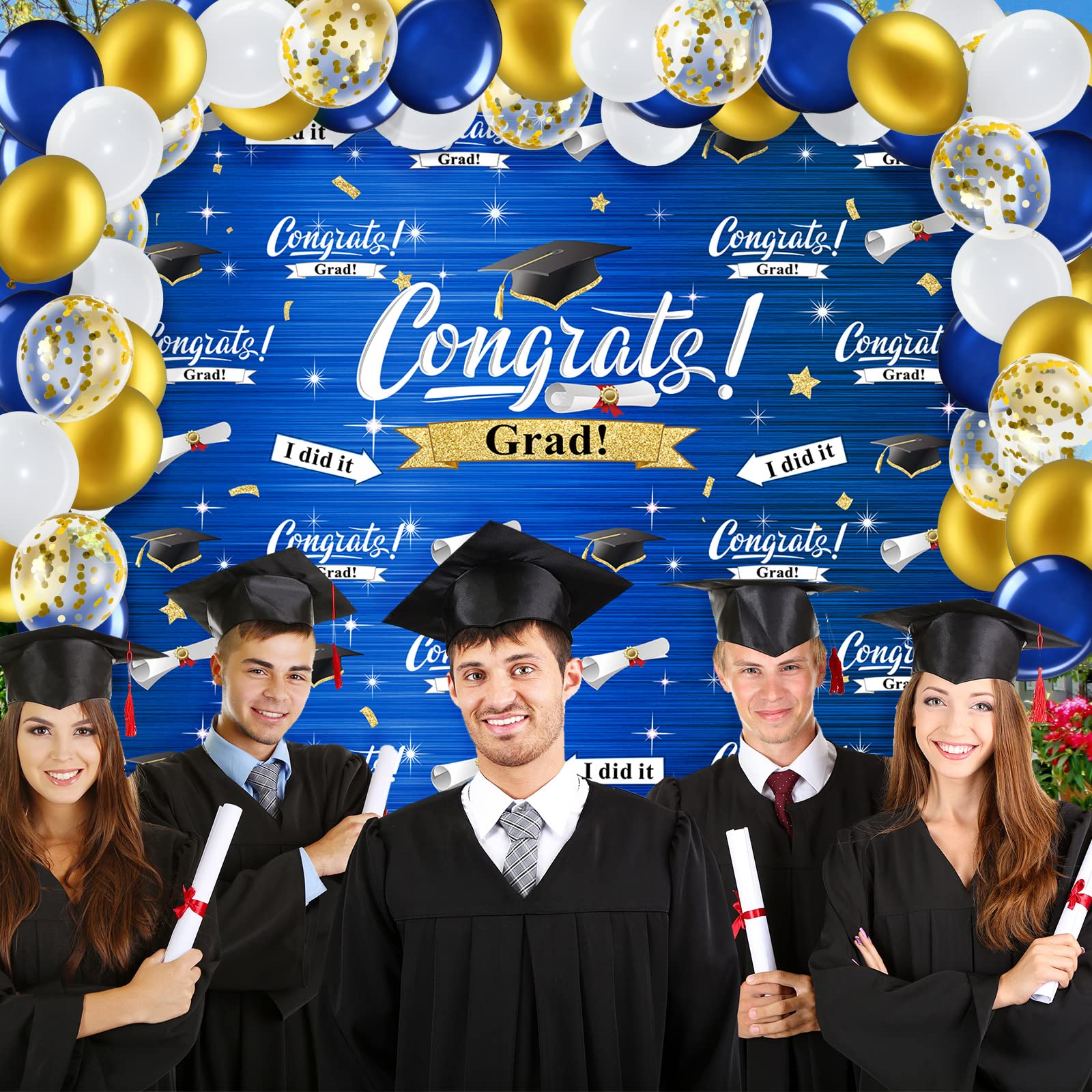Graduation Party Decorations Kit - Congrats Grad Backdrop, Balloons, Garland & Arch for Adults & Kids - Navy Blue & Gold - Perfect for Graduation Ceremonies, Photo Booths & Home Celebrations