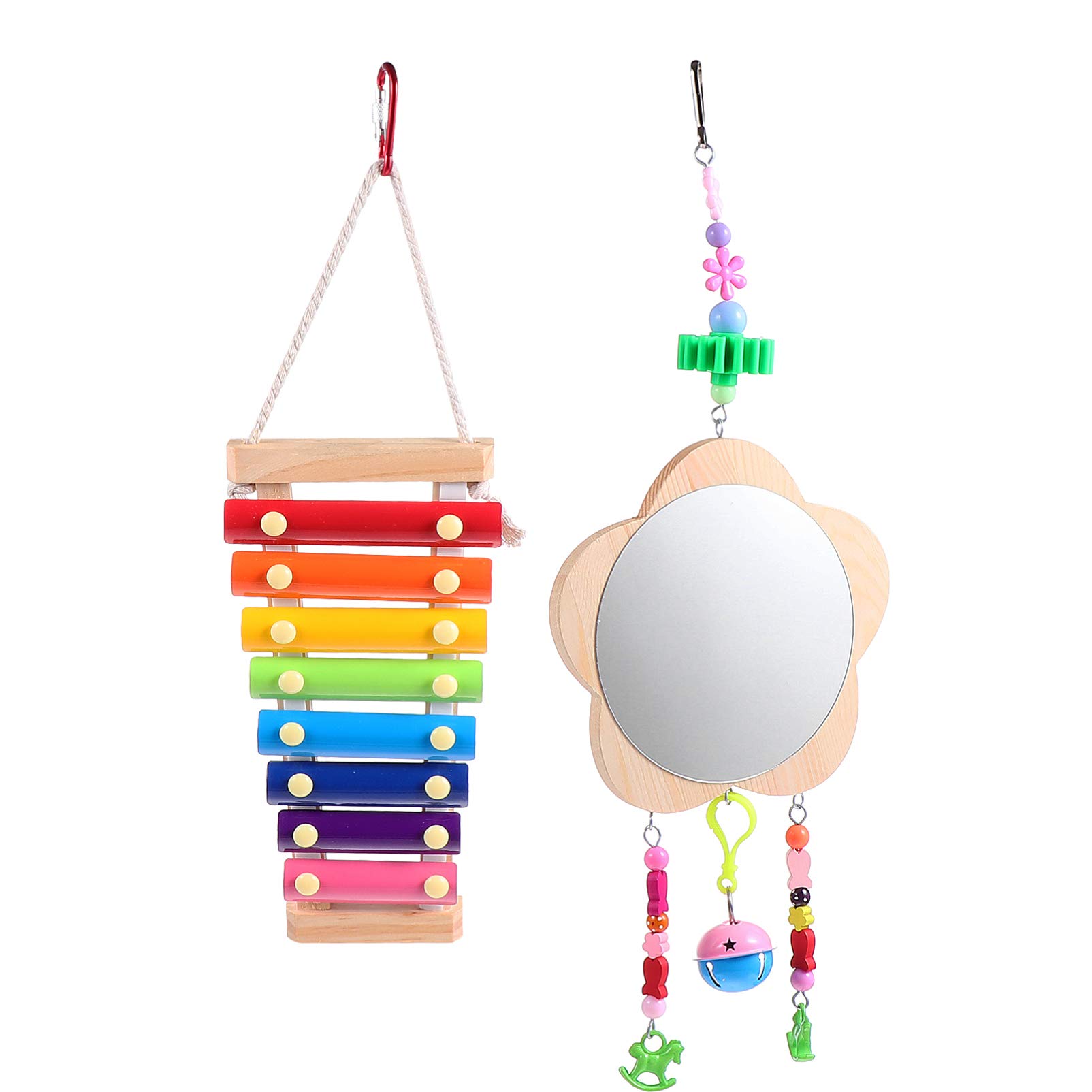 Totority 2 Pack Wooden Parrot Toys with Mirror - Interactive Bird Chew Toys for Intelligence Training & Beak Grinding - Fun Sounding Percussion Playthings for Parakeets, Cockatiels, Macaws (Perfect for Cage Entertainment & Stress Relief)
