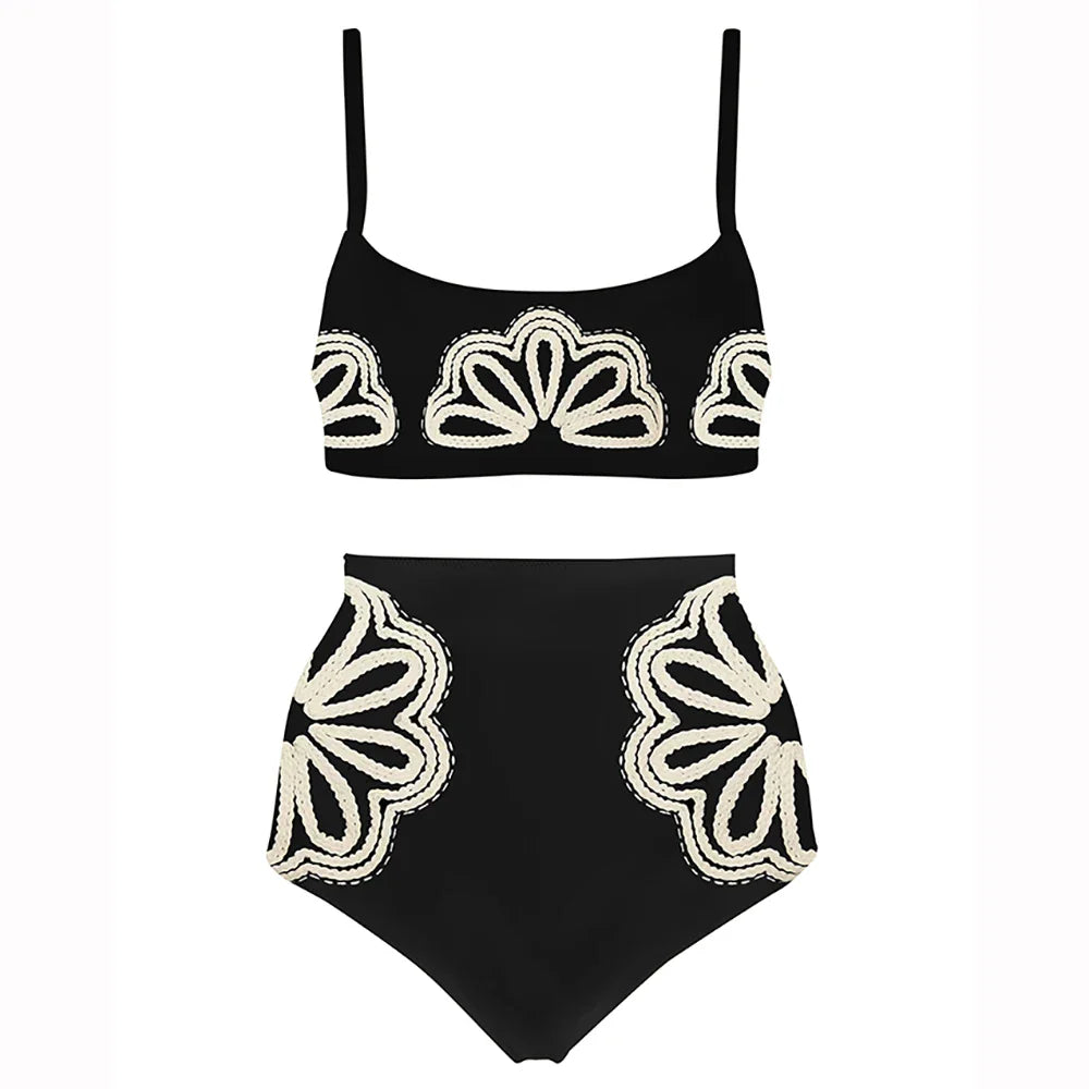 Women's Black Printed High Waist Bikini Set with Skirt - Sexy Two Piece Swimsuit for Beach, Pool & Summer Vacations