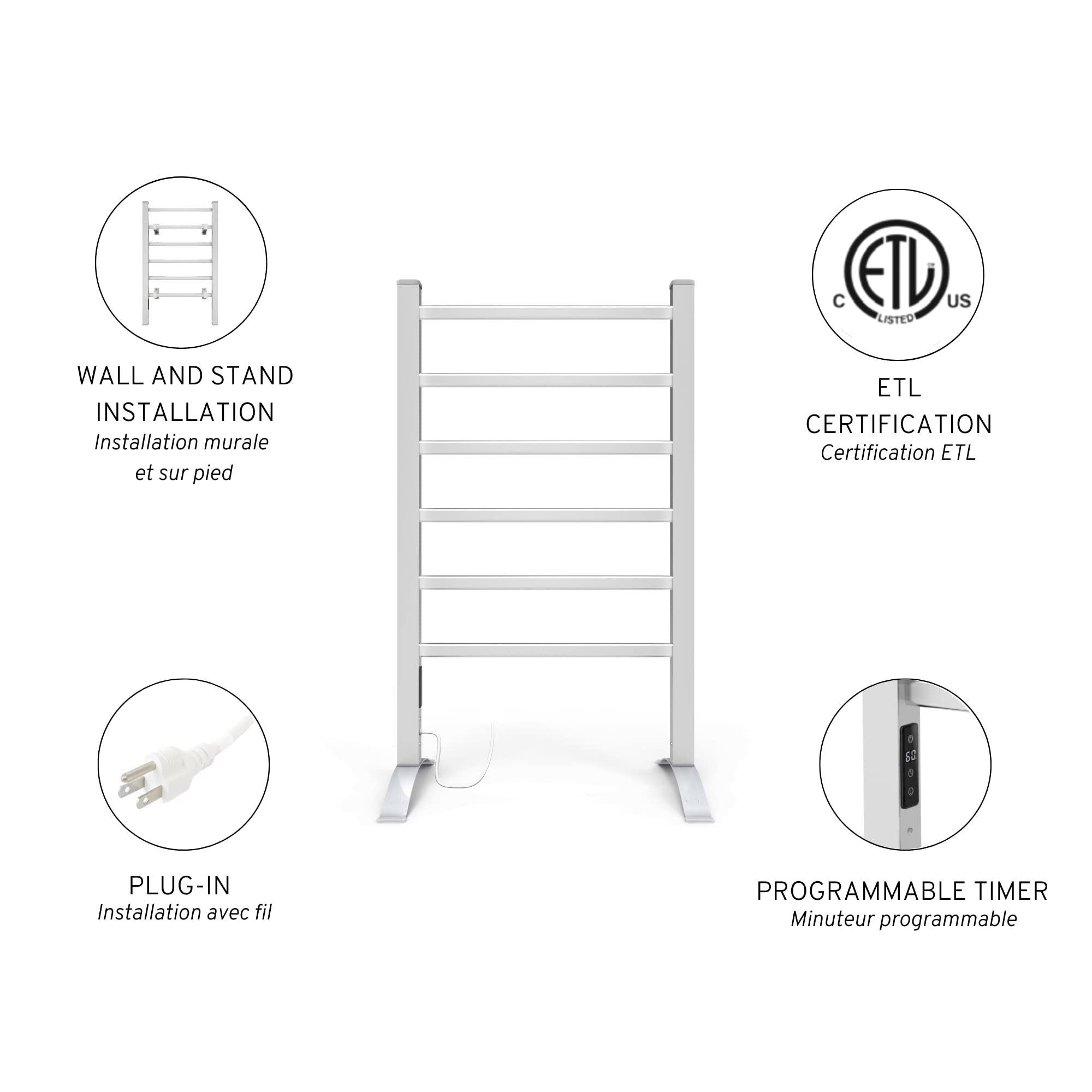 Odass Premium Towel Warmer with Built-in Timer & LED Display - Adjustable Temperature 30-60°C (86-140°F), 6 Aluminum Bars, Freestanding Design - Perfect for Bathrooms, Spas, and Luxury Home Use