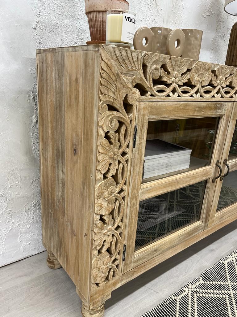 Hand Carved Indian Wooden Sideboard Buffet Table with 2 Doors & Storage - Rustic Dining Room Furniture for Home Decor & Entertaining