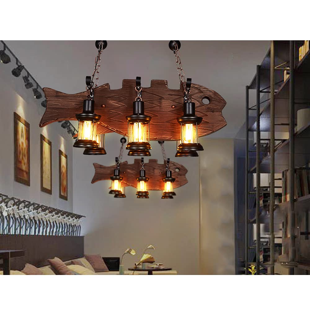 LITFAD 6-Light Wooden Fish Shaped Pendant Chandelier - Industrial Retro Coastal Style with Lantern Shade for Dining Room, Restaurant, Bar & Kitchen Island Lighting | Perfect for Coastal Decor, Farmhouse Dining, and Commercial Spaces