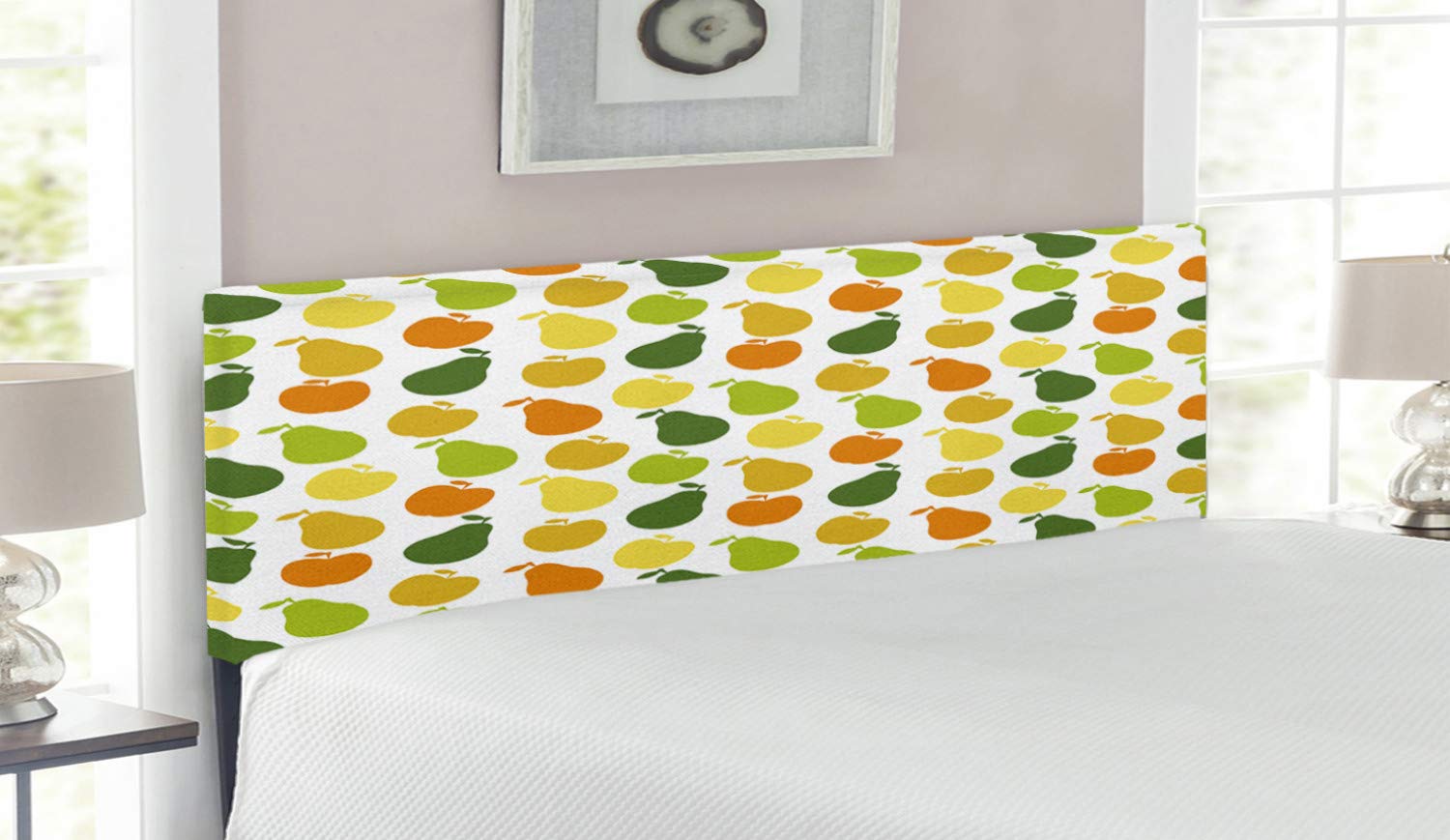Ambesonne Fruits Upholstered Headboard - Queen Size Apple & Pear Botanical Design with Memory Foam - Hunter Green & Yellow Metal Bed Frame - Perfect for Bedroom Decor & Healthy Lifestyle Theme