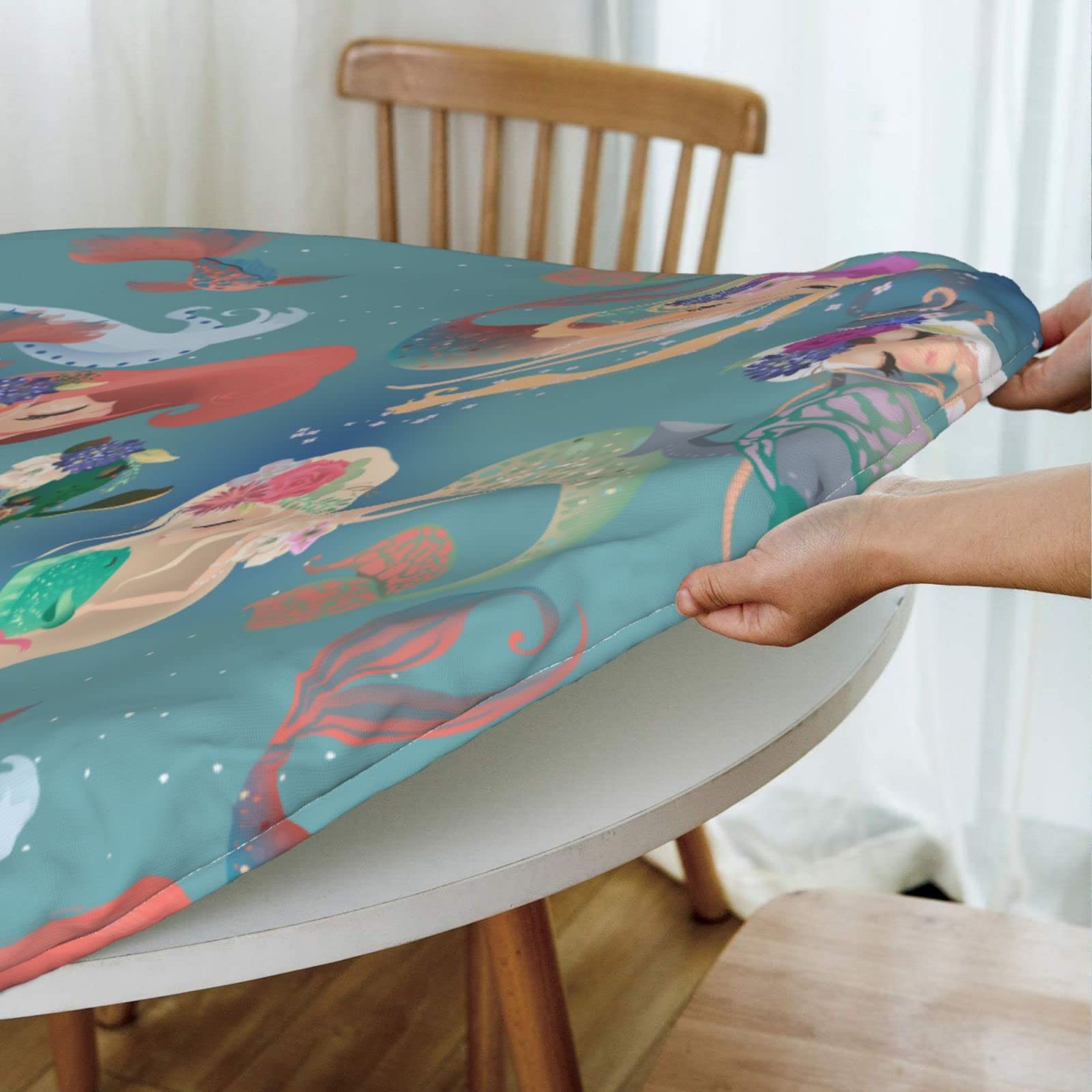 Cute Mermaid and Turtle Fish Round Tablecloth - Elastic Edge Fitted Table Cover for 45