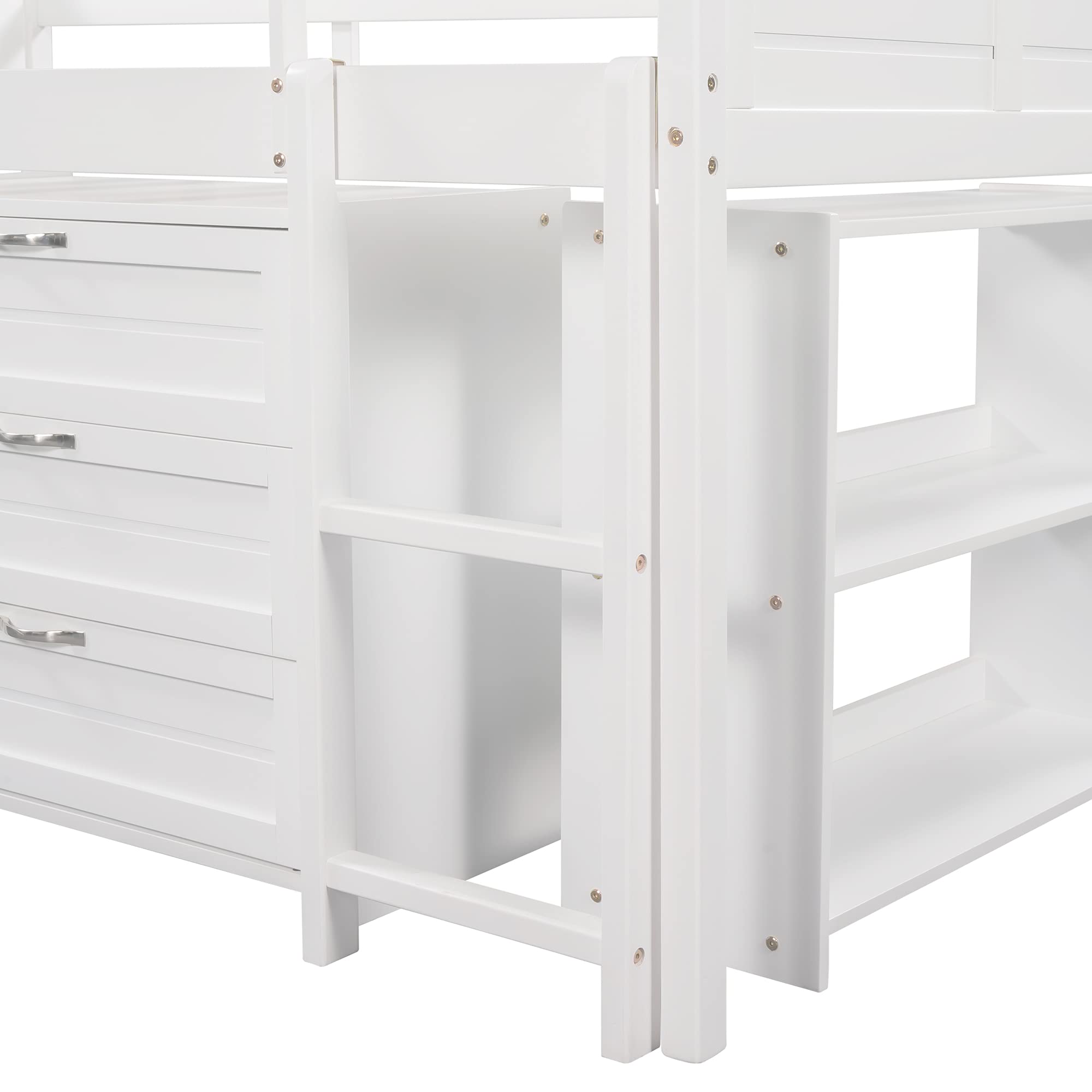 Harper & Bright Designs Solid Wood Low Twin Size Loft Bed with Slide, Drawers & Bookshelf - Kids Cabin Bed Frame for Bedroom or Playroom - Perfect for Small Spaces & Sleepovers (White)