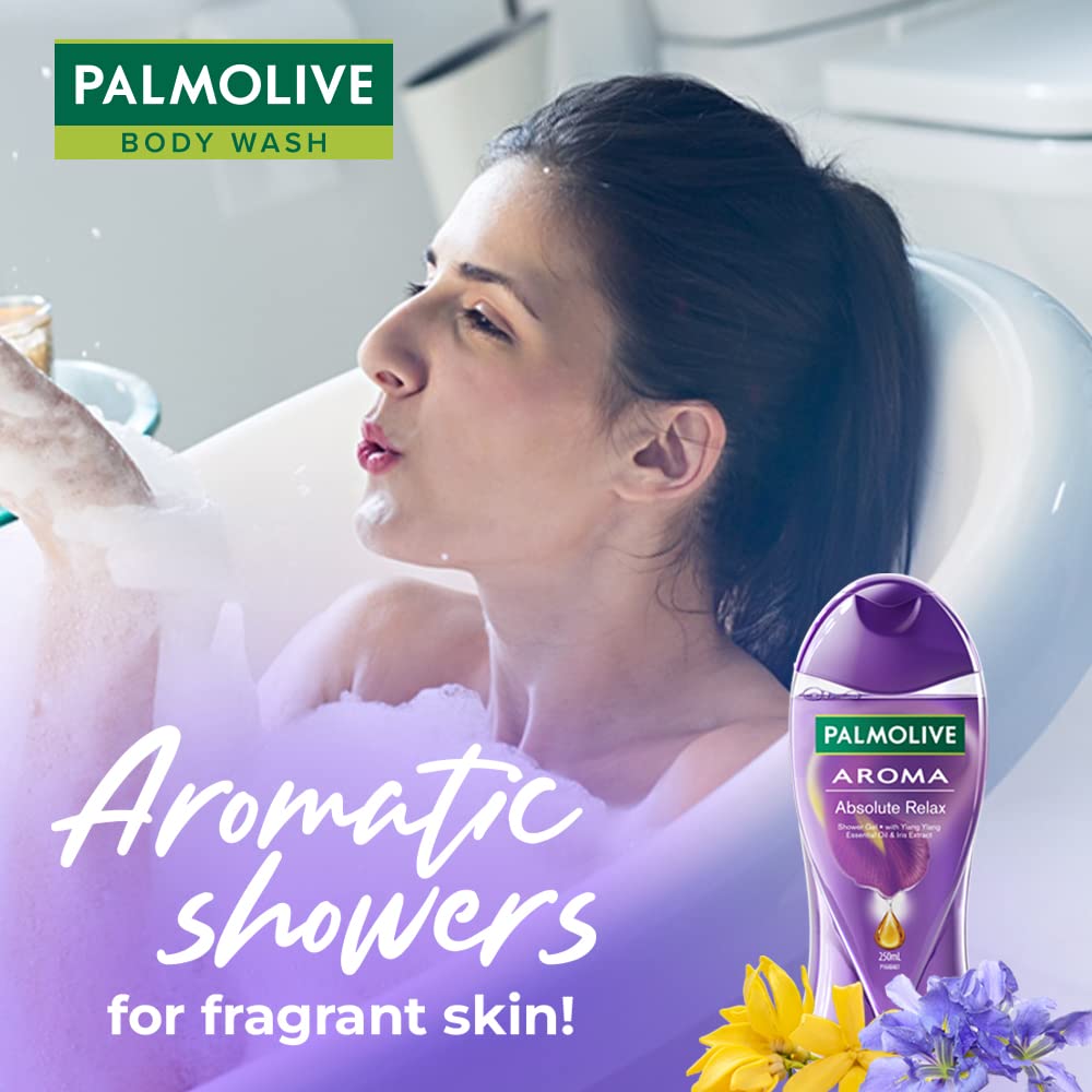 Palmolive Iris Flower & Ylang Ylang Essential Oil Body Wash - Moisturizing, pH Balanced, Paraben & Silicone Free (250ml) for Soft & Youthful Skin | Relaxing Aromatherapy Shower with Free Loofah | Perfect for Spa Nights & Stress Relief