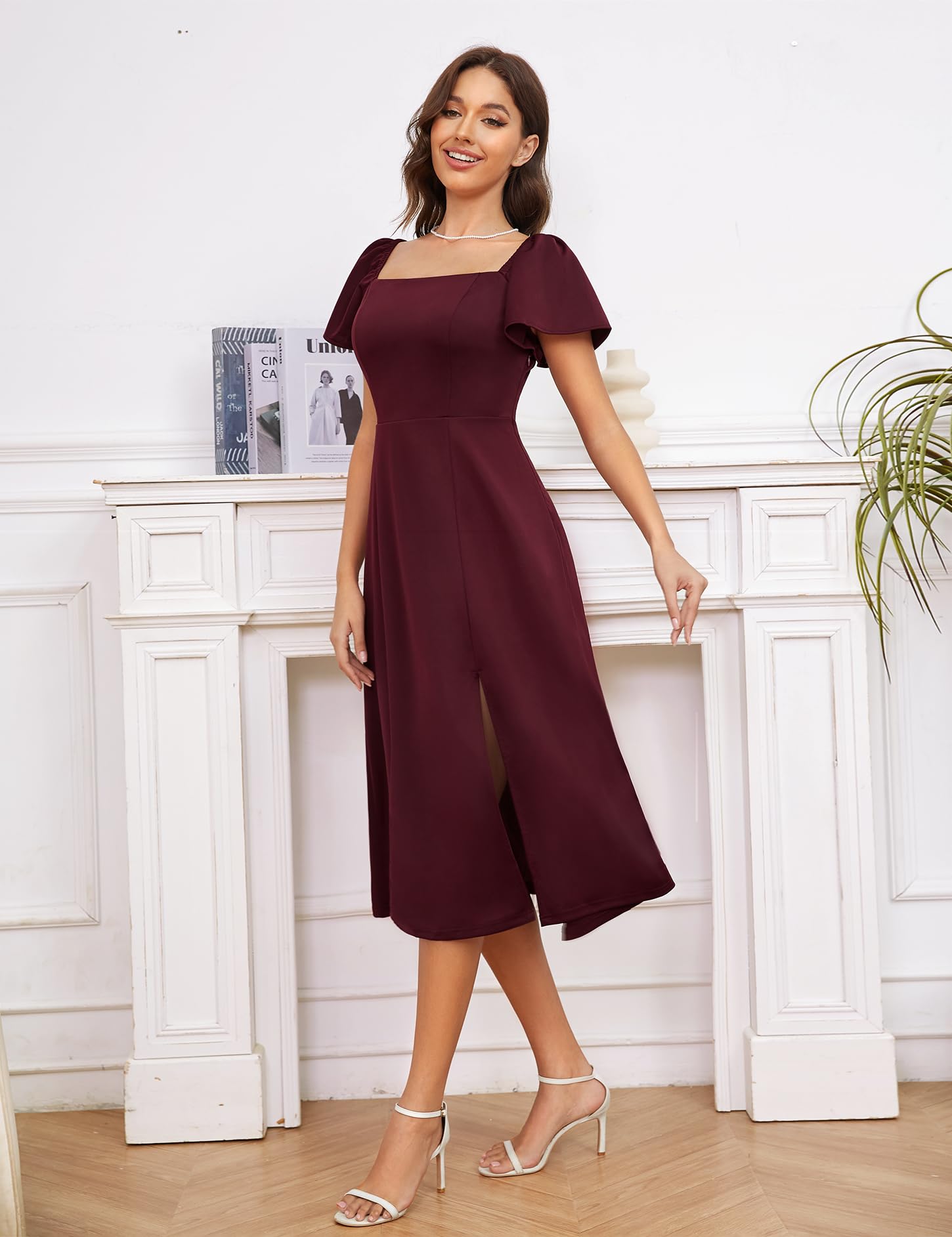 MUADRESS Women's A-Line Midi Dress - High Waist Formal Church Wedding Guest Dress with Puff Sleeves | Modest Party Dress for Bridal Shower, Cocktail Events & Special Occasions