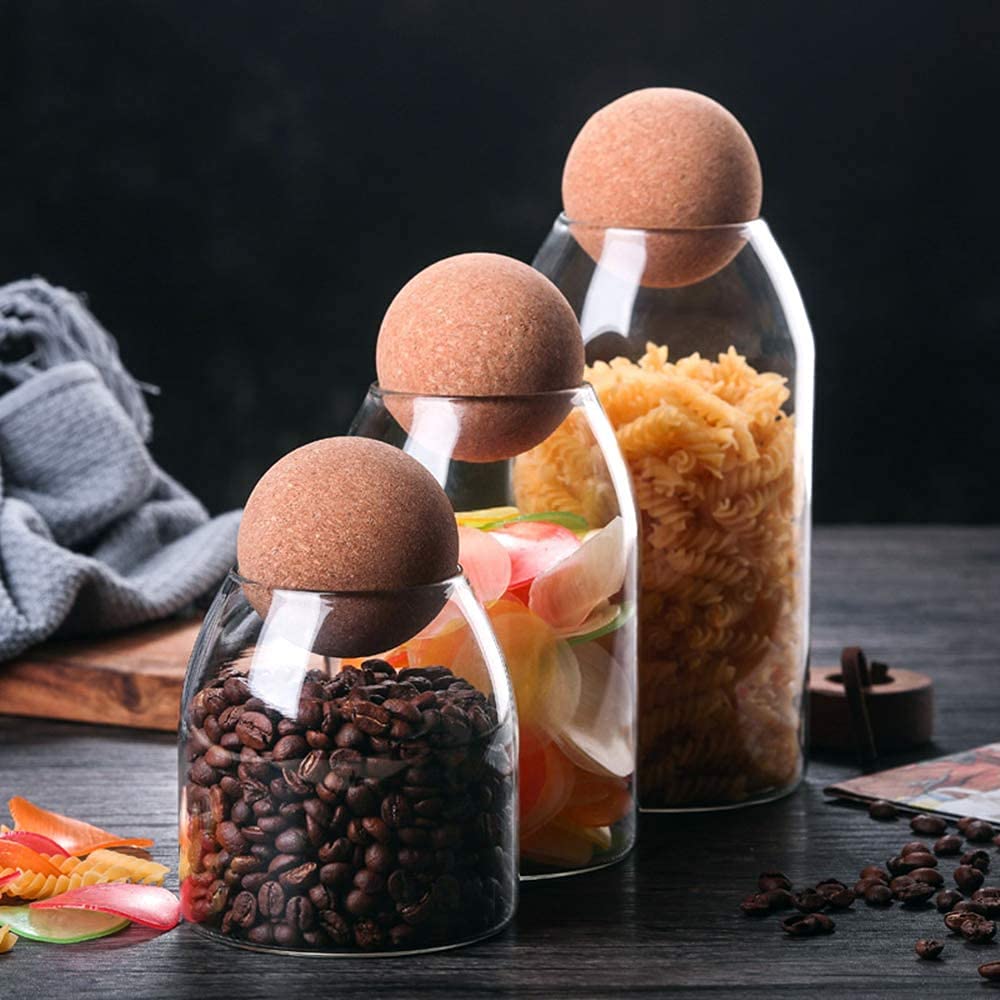 Glass Jars with Cork Stoppers - Set of 3 Airtight Spice Storage Containers for Tea, Coffee, Sugar & Nuts | Perfect for Kitchen Pantry Organization & DIY Herb Storage