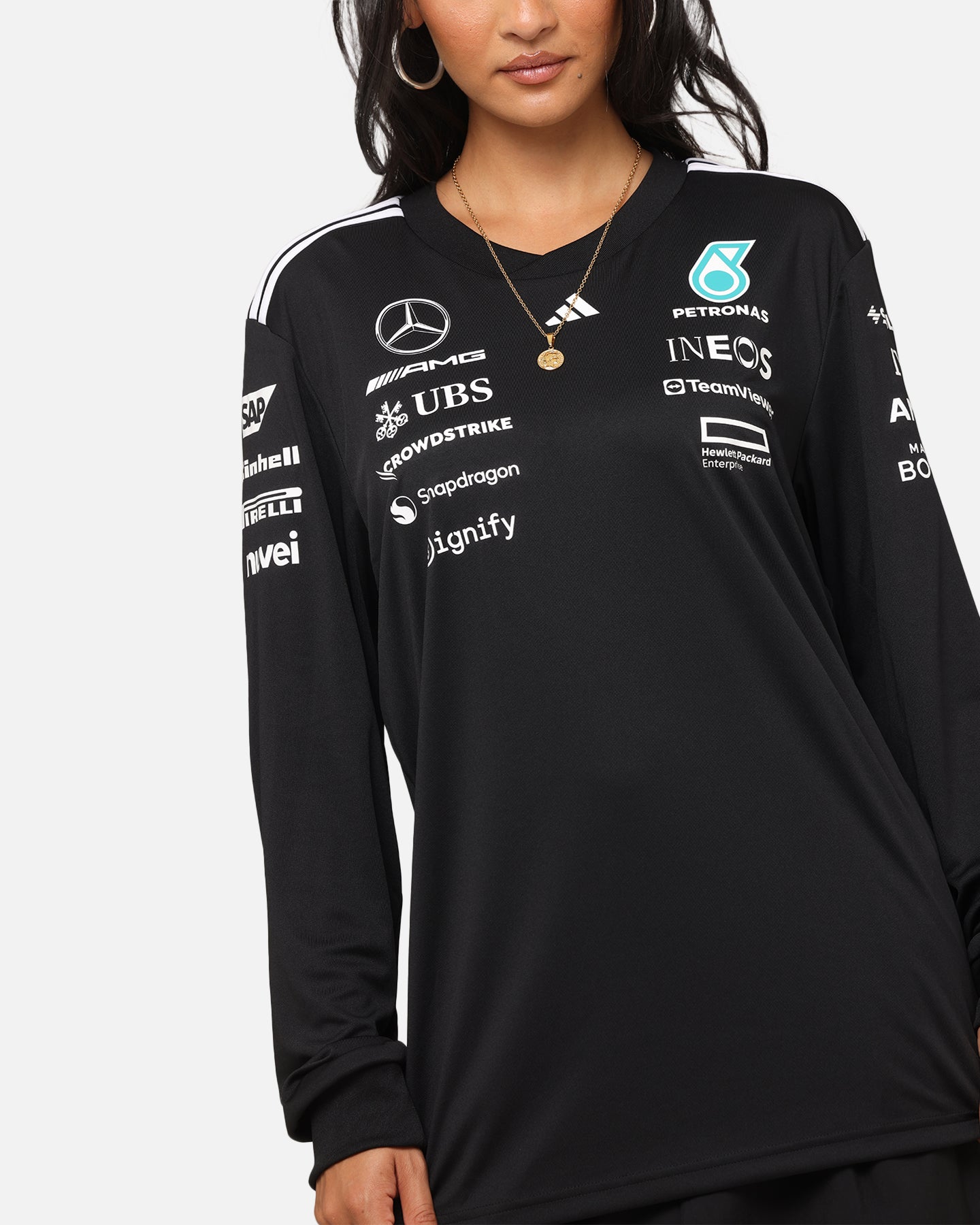 Adidas x Mercedes AMG Petronas Formula One Team 2025 Long Sleeve Driver T-Shirt - Black | Official F1 Racing Apparel for Motorsport Fans