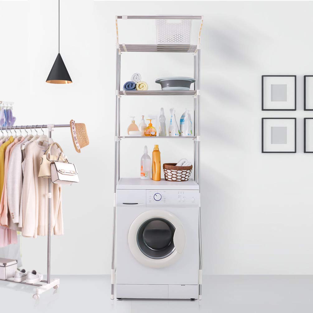 Adjustable 3-Tier Laundry Shelf for Over Washer & Dryer - Space Saving Bathroom Storage Rack with Clothes Hanger, Ivory - Perfect for Small Spaces, Apartment Organization & Above Toilet Storage