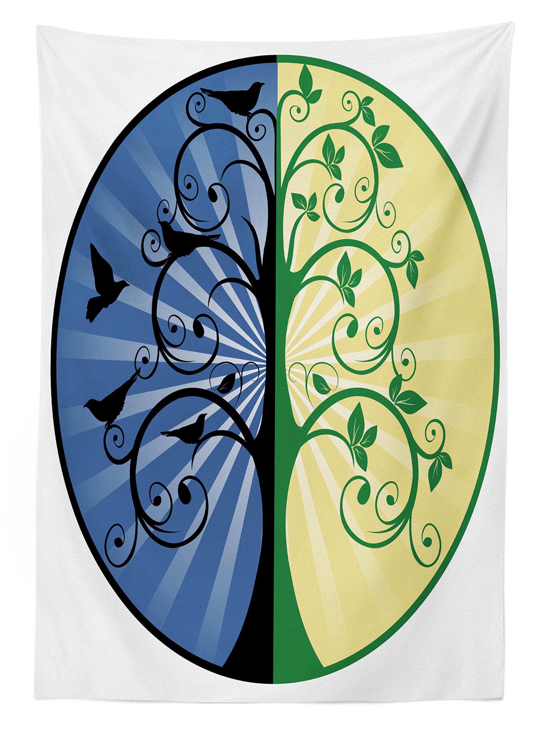 Ambesonne Tree of Life Outdoor Tablecloth - Colorful Yin Yang Design with Bird Silhouettes, Washable Picnic Table Cover 58x104 Inches, Black Green & Blue - Perfect for Garden Parties, BBQs, and Outdoor Dining