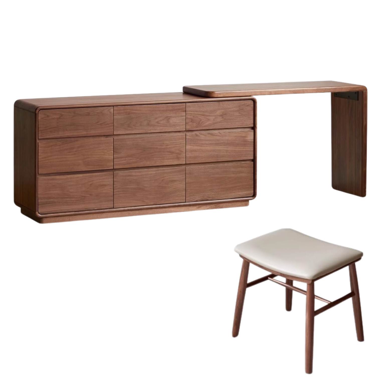 59.3x15.8x28 inch / 150.5x40x71 сm / Rich Dark Walnut color / Makeup table L-shaped board + Nine drawers + Makeup Stool