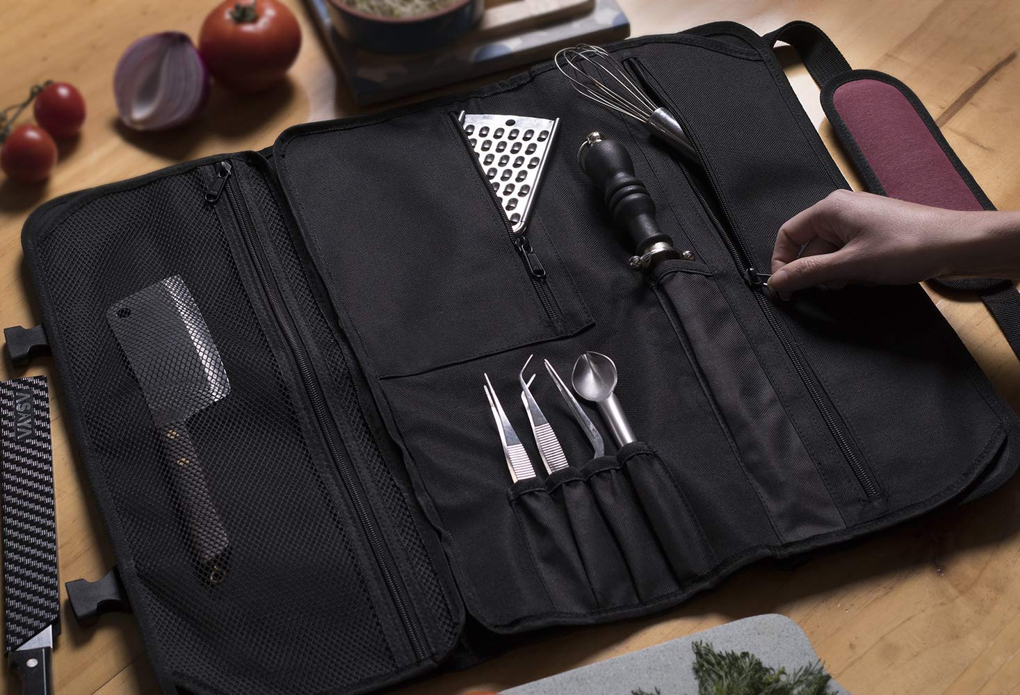 Asaya Professional Chef Knife Roll Bag - 20 Pockets for Knives & Kitchen Utensils - Stain-Resistant Waxed Nylon - Perfect for Chefs, Culinary Students & Home Cooks - Great for Cooking Classes, Restaurant Work & Travel (Red) - Knives Not Included