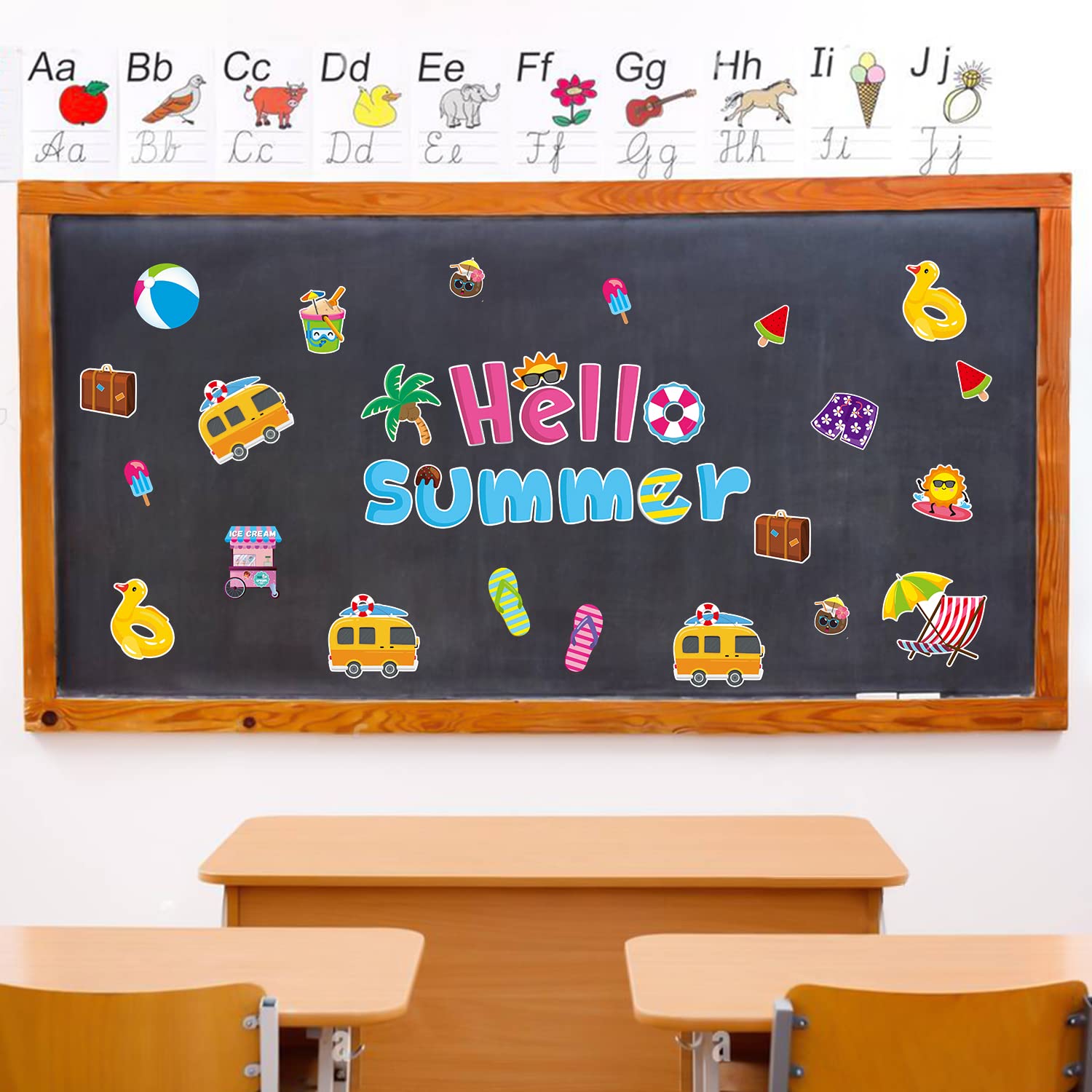 BeYumi 68Pcs Summer Bulletin Board Decorations Set - Tropical Beach Theme with Hawaiian, Ice Cream & Watermelon Cutouts - DIY Cardstock Paper Cutouts for Classroom, School & Kindergarten - Perfect for Summer Parties, Back to School Decor & Seasonal Bulletin Boards