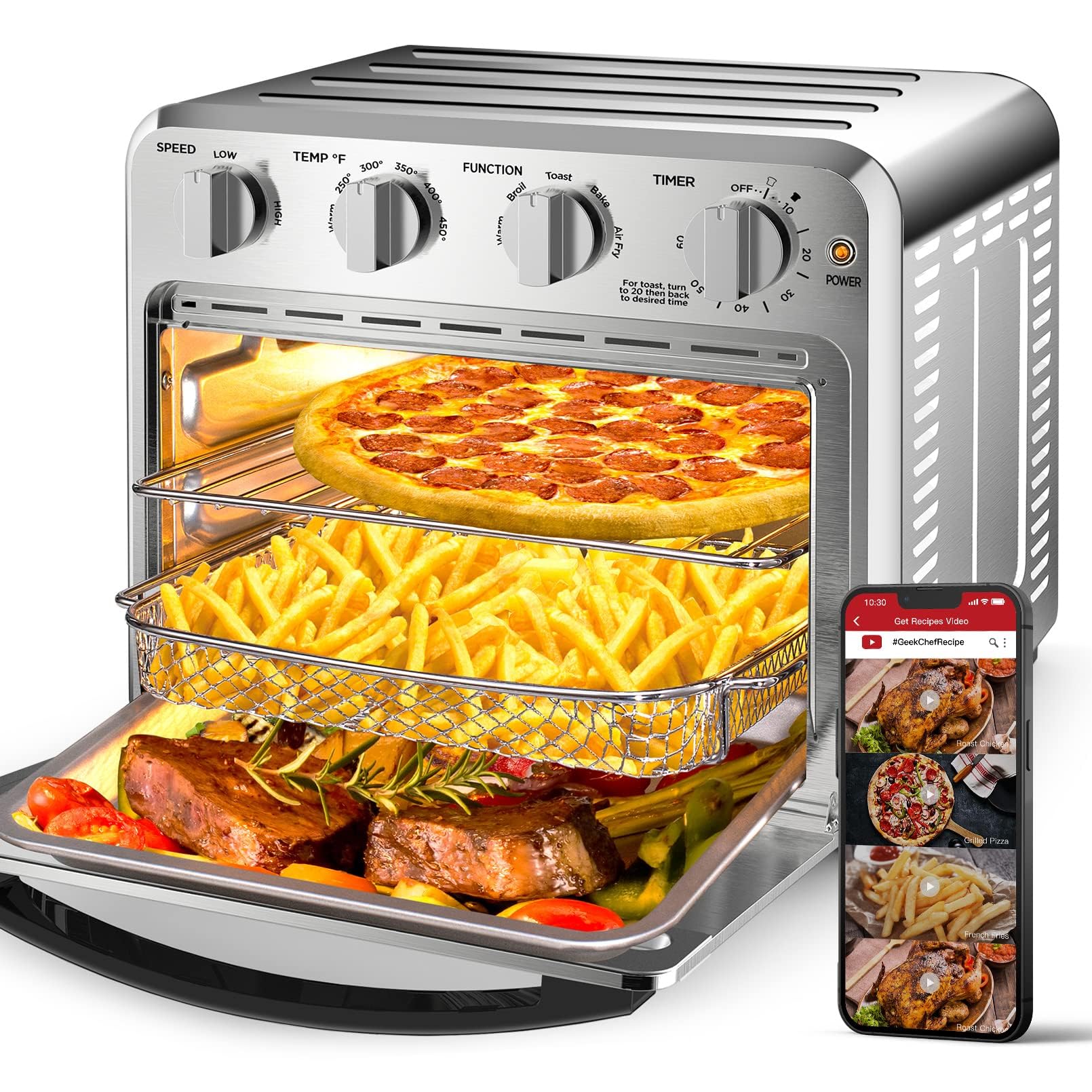 Geek Chef 16QT Air Fryer Toaster Oven - 4 Slice Convection Countertop Oven with Accessories, Oil-Free Cooking, ETL Certified - Perfect for Baking, Roasting & Healthy Meals in Small Kitchens
