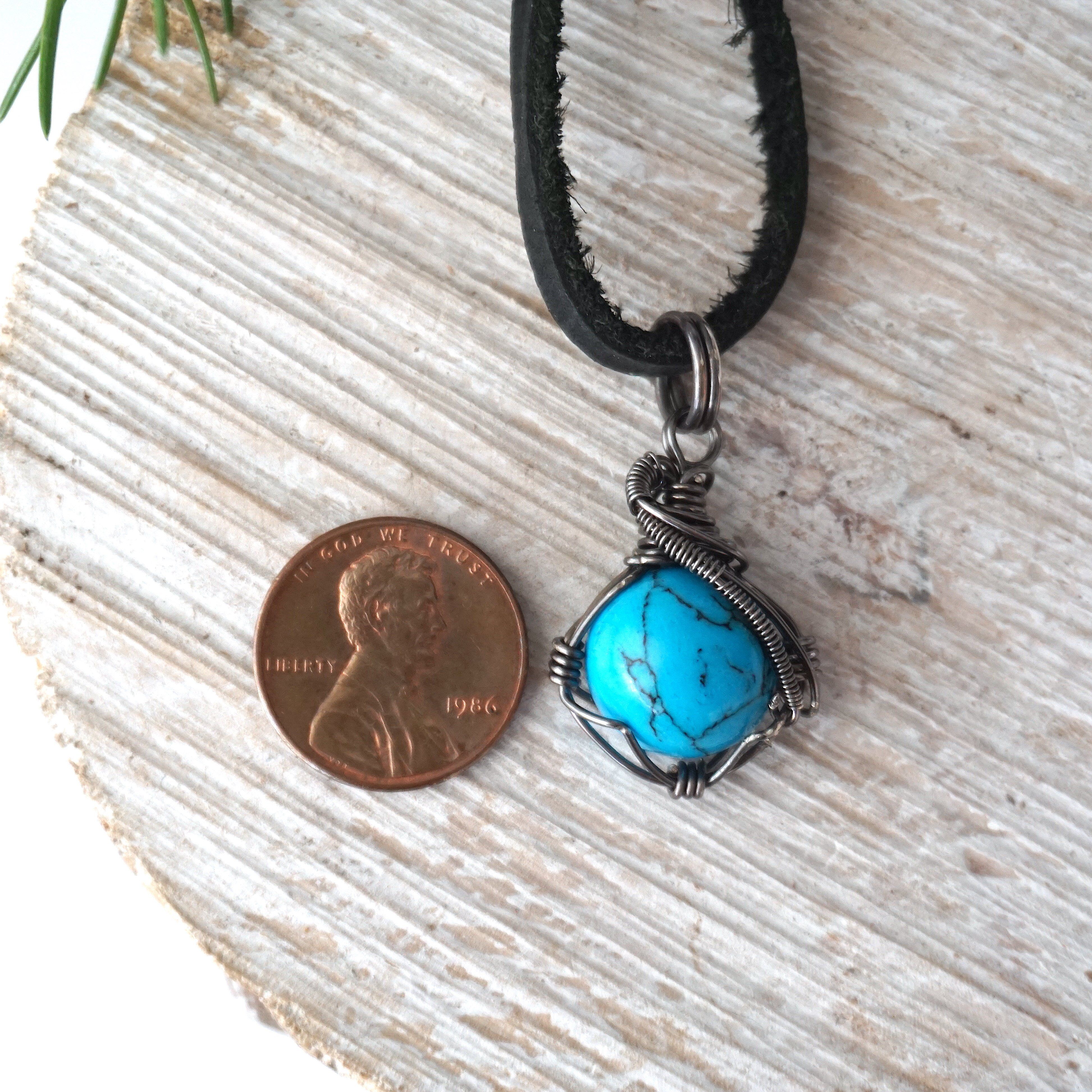 Turquoise Charm Necklace - Antiqued Sterling Silver Pendant with Black Leather Cord - Perfect for Boho Jewelry, Casual Wear & Gift Giving