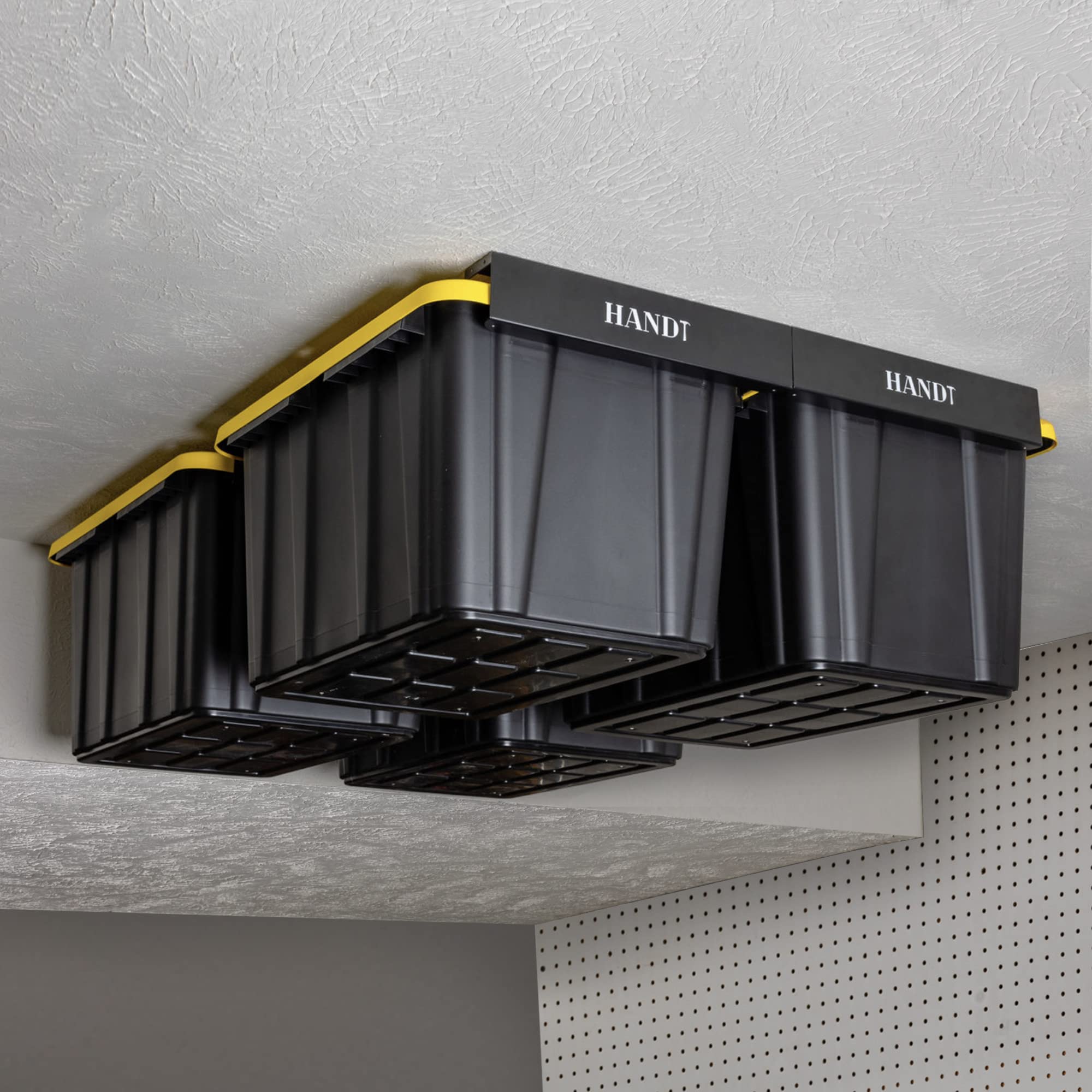 Heavy Duty Overhead Garage Storage Rack System - 4 Pack Black Metal Ceiling Shelving for 27 Gallon Tote Bins | Garage Organization, Attic Storage & Closet Space Saving Solution