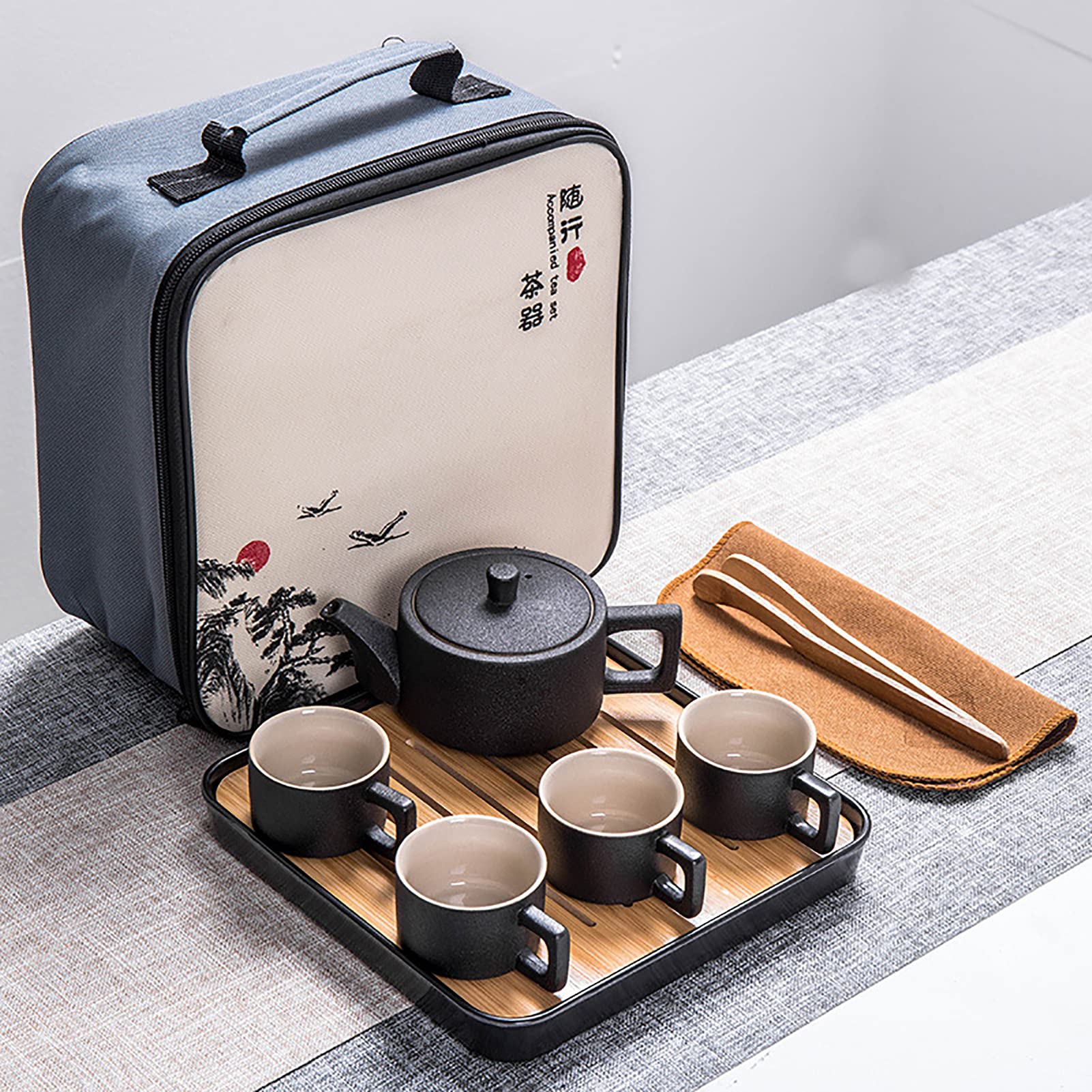 Premium Handmade Ceramic Travel Tea Set - Chinese Kungfu Tea Pot with 4 Cups, Strainer, Bamboo Tray & Carry Bag | Portable Tea Brewing Kit for Camping, Office & Home Use