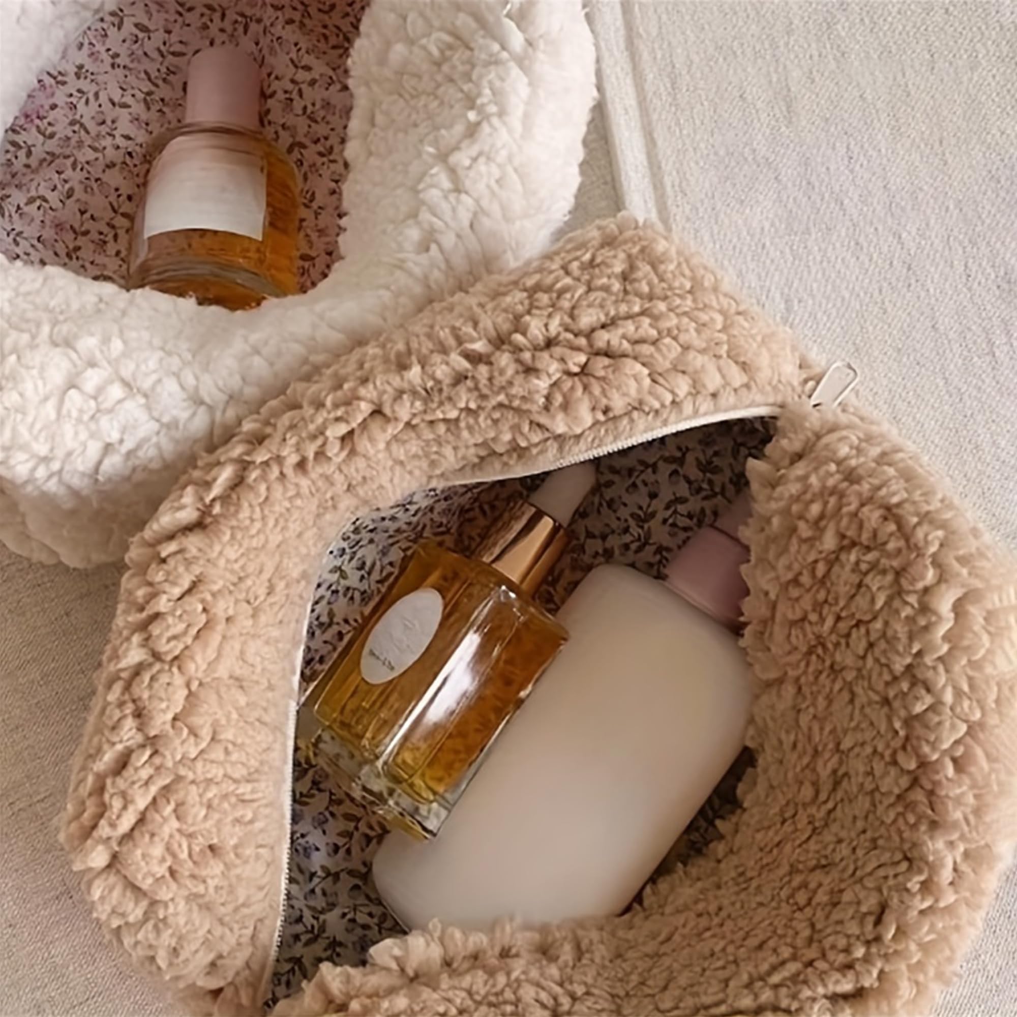 Fluffy White Plush Makeup Bag with Zipper - Portable Mini Skincare Storage Pouch for Travel & Daily Use | Fashionable Small Cosmetic Organizer (White)