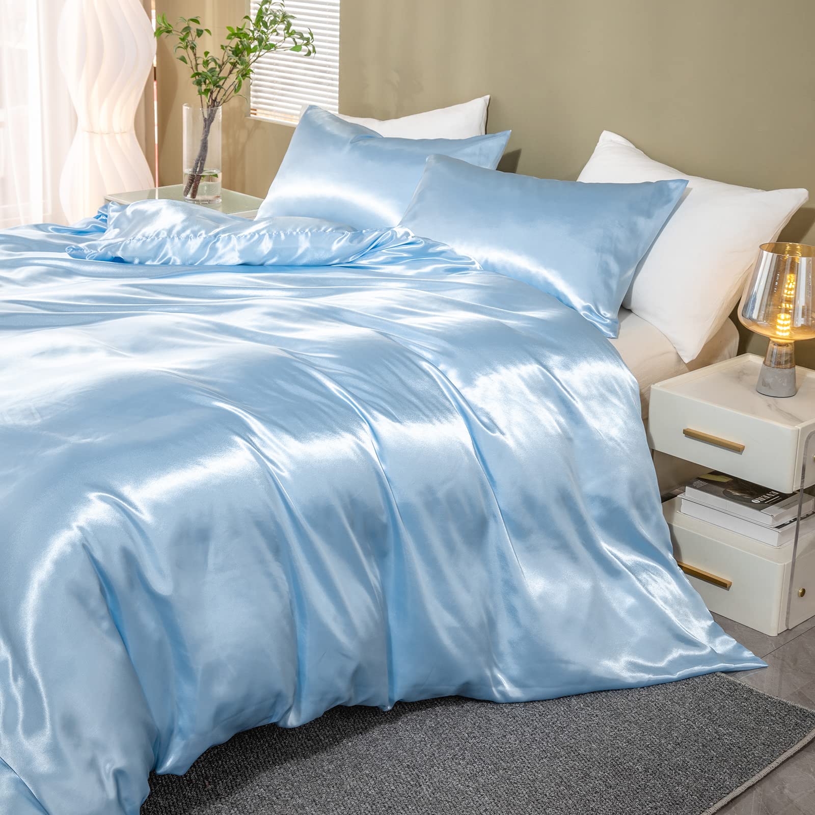 Luxury Satin Duvet Cover Queen Size - Silky Soft Blue Bedding Set with Zipper Closure - 3 Piece Comforter Cover Set (Queen, Blue) for Master Bedroom, Guest Room & Hotel Decor