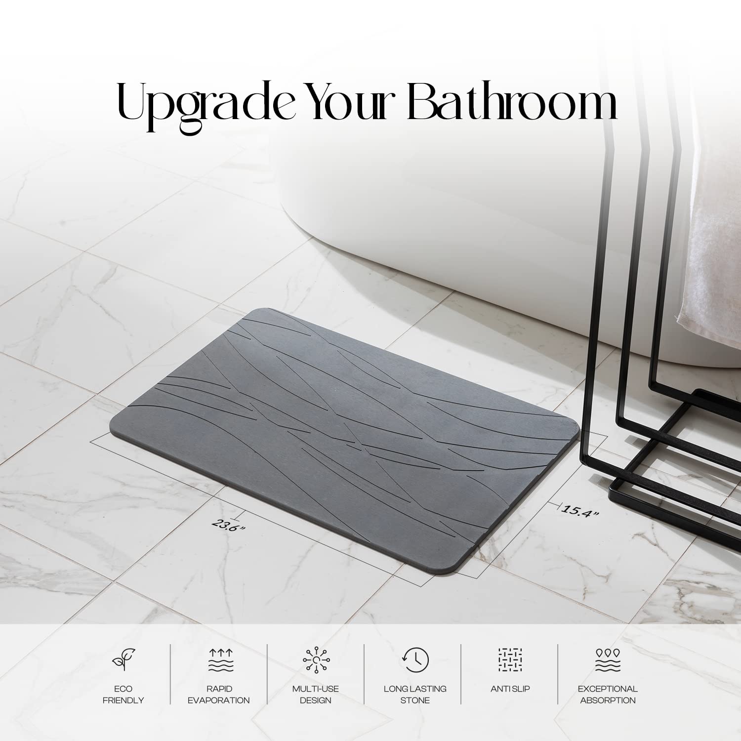 Non-Slip Diatomaceous Earth Bath Mat - Quick Dry Stone Shower Mat, Stone Dish Drying Mat & Bathroom Floor Mat - Graphite Grey - Perfect for Bathrooms, Kitchens & Spa Areas