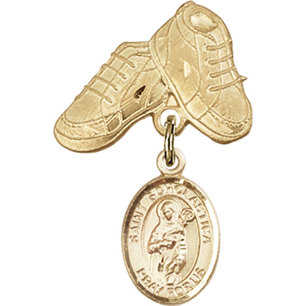 Bonyak Gold Filled St. Scholastica Medal Charm with Baby Boots Pin - 1 X 5/8 Inch Religious Jewelry for Baptism Gifts & Baby Blessings