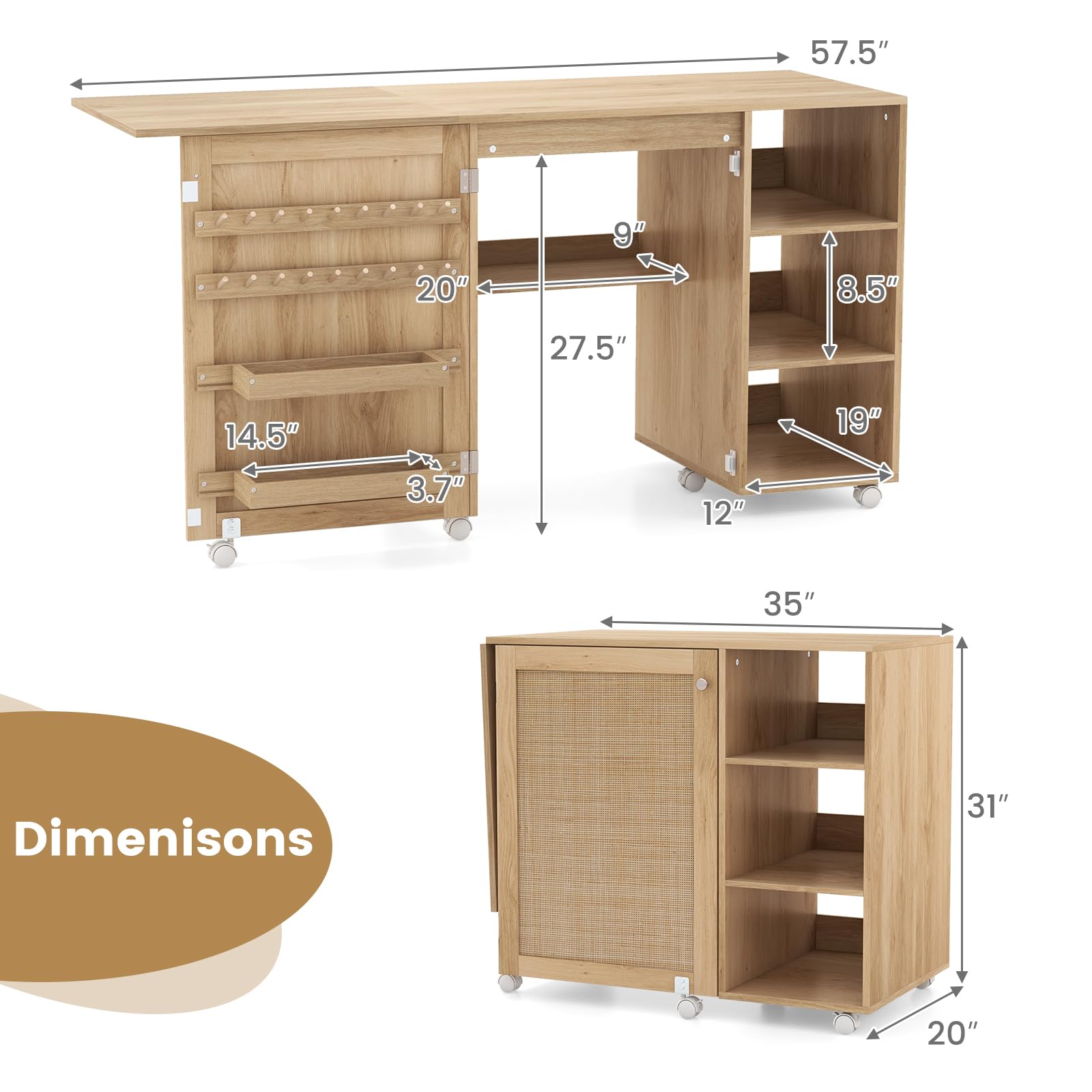 COSTWAY Rattan Sewing Machine Table with Storage - Foldable Craft Desk with Lockable Wheels, 18 Pegs, 2 Bins & Side Cabinet - Perfect for Sewing, Crafting & Home Office in Living Room or Bedroom