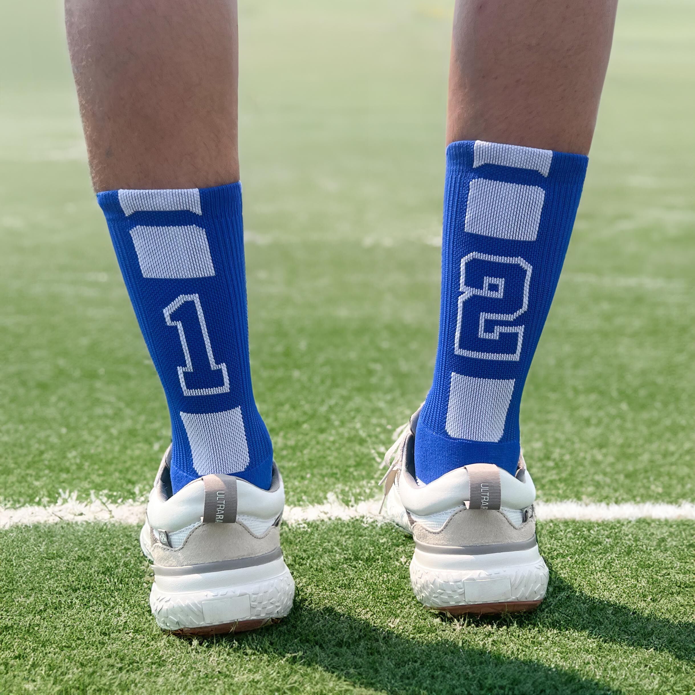 Custom Team Number Crew Socks for Youth & Adults - Athletic Sports Socks in Blue - Personalized with Your Chosen Number - Perfect for Basketball, Soccer, Baseball Games and Team Sports