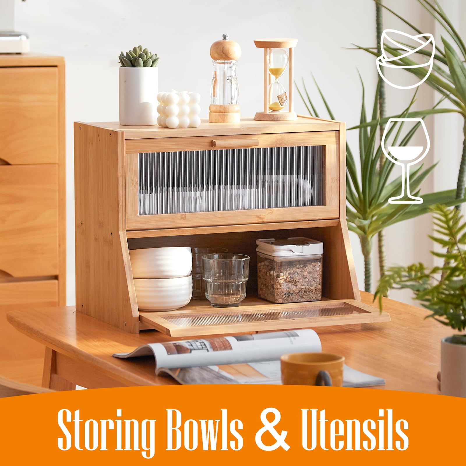 Double Layer Bamboo Bread Box for Kitchen Counter - Large Capacity Bread Storage Bin with Acrylic Wavy Door Panel - Natural Bamboo Bread Container for Bread, Buns & Pastries - Perfect for Kitchen Countertop, Pantry & Dining Room Organization