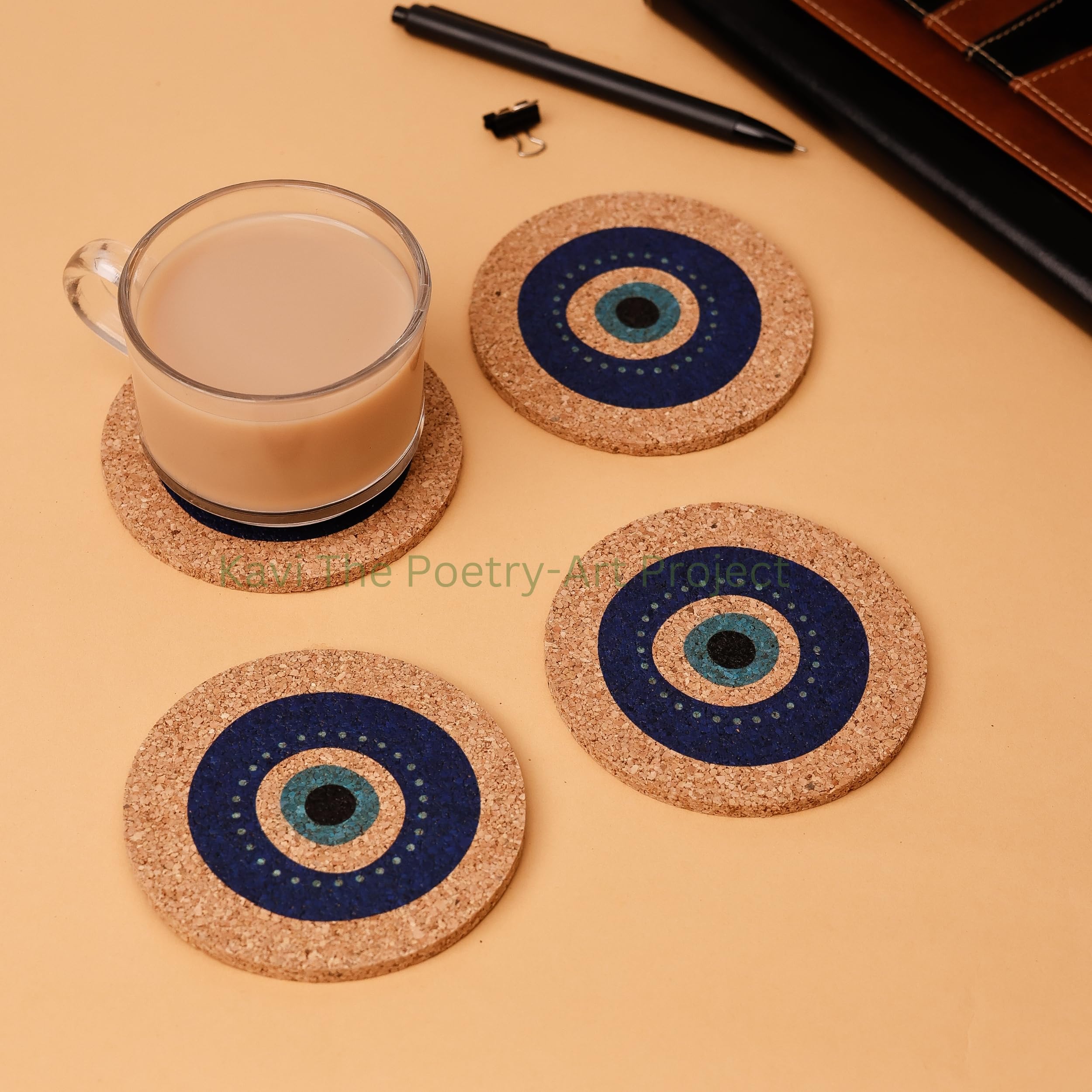 Evil Eye Cork Coasters Set of 4 - 5mm Thick Round Drink Coasters (4