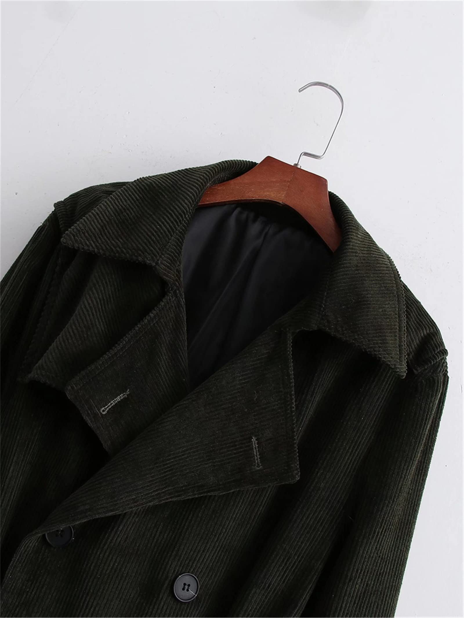 Women's Black Corduroy Trench Coat with Turn-Down Collar & Sash - Winter Fashion Casual Outerwear for Work, Date Night & Fall Season