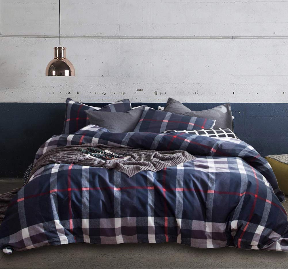 Navy Blue Plaid Comforter Set Queen Size - Buffalo Check Dark Blue & White Grid Bedding - Tartan Checkered Gingham Comforter for Teen Boys Room - Cozy Winter Bedding for Dorm, Guest Room & Master Bedroom