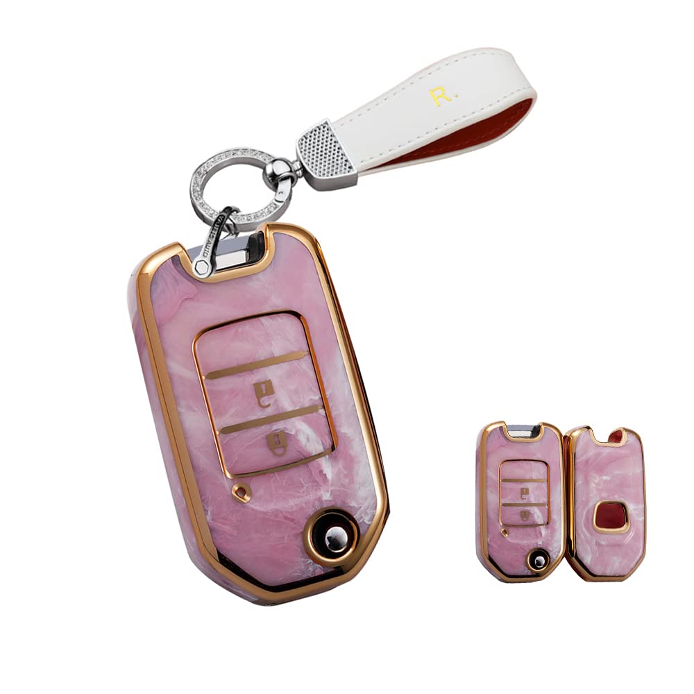 HIBEYO Smart Remote Key Fob for Honda Jade CR-V XRV HR-V City Accord - 3 Button Flip Folding Key Case Cover with Bling Keychain (Pink) | Car Accessories Replacement for Keyless Entry & Remote Start