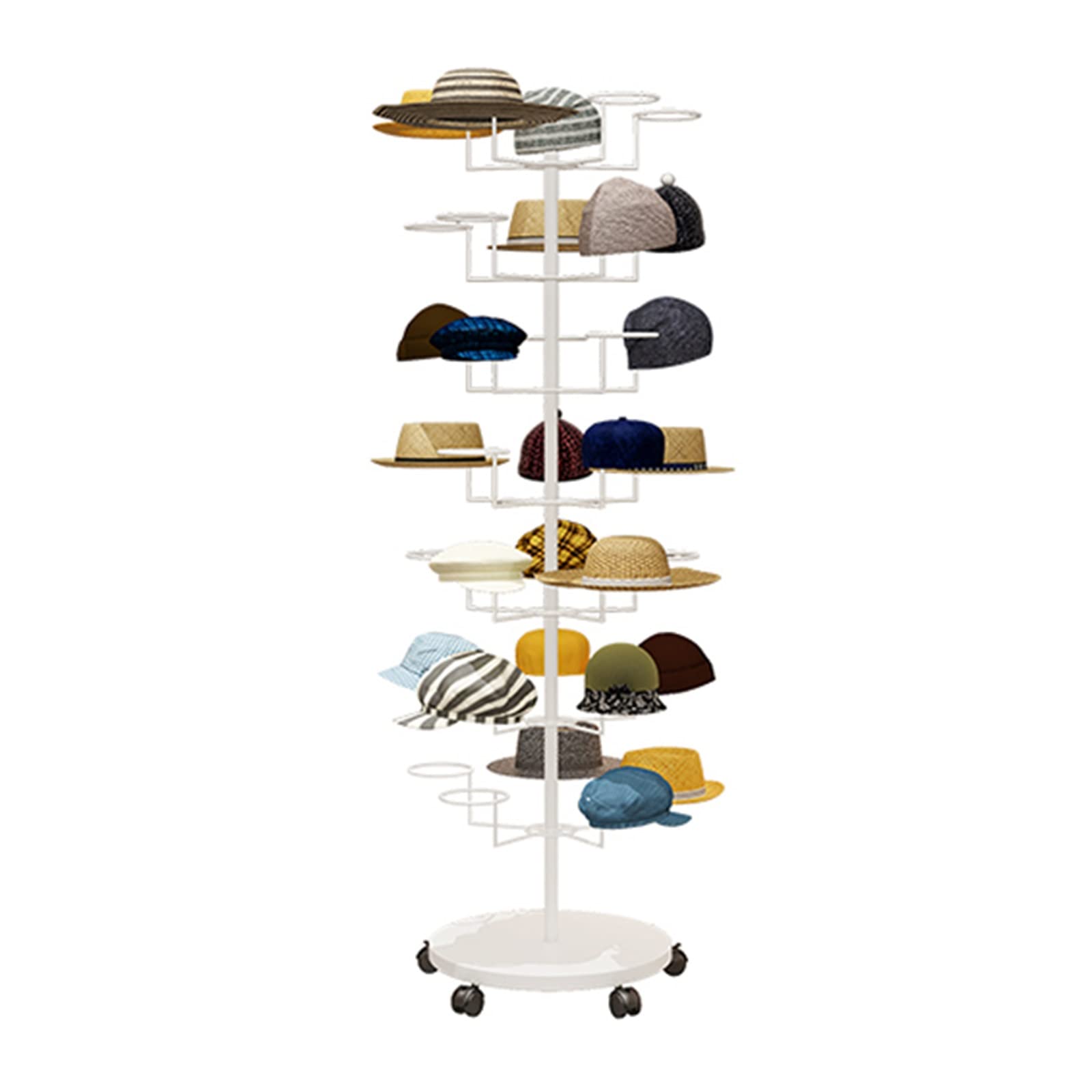 Freestanding Metal Hat Rack Stand with Wheels - 7-Tier Large Capacity Commercial Hat Organizer for Multiple Hats, Wigs & Cowboy Baseball Caps (White) | Perfect for Retail Stores, Boutiques & Home Closet Organization