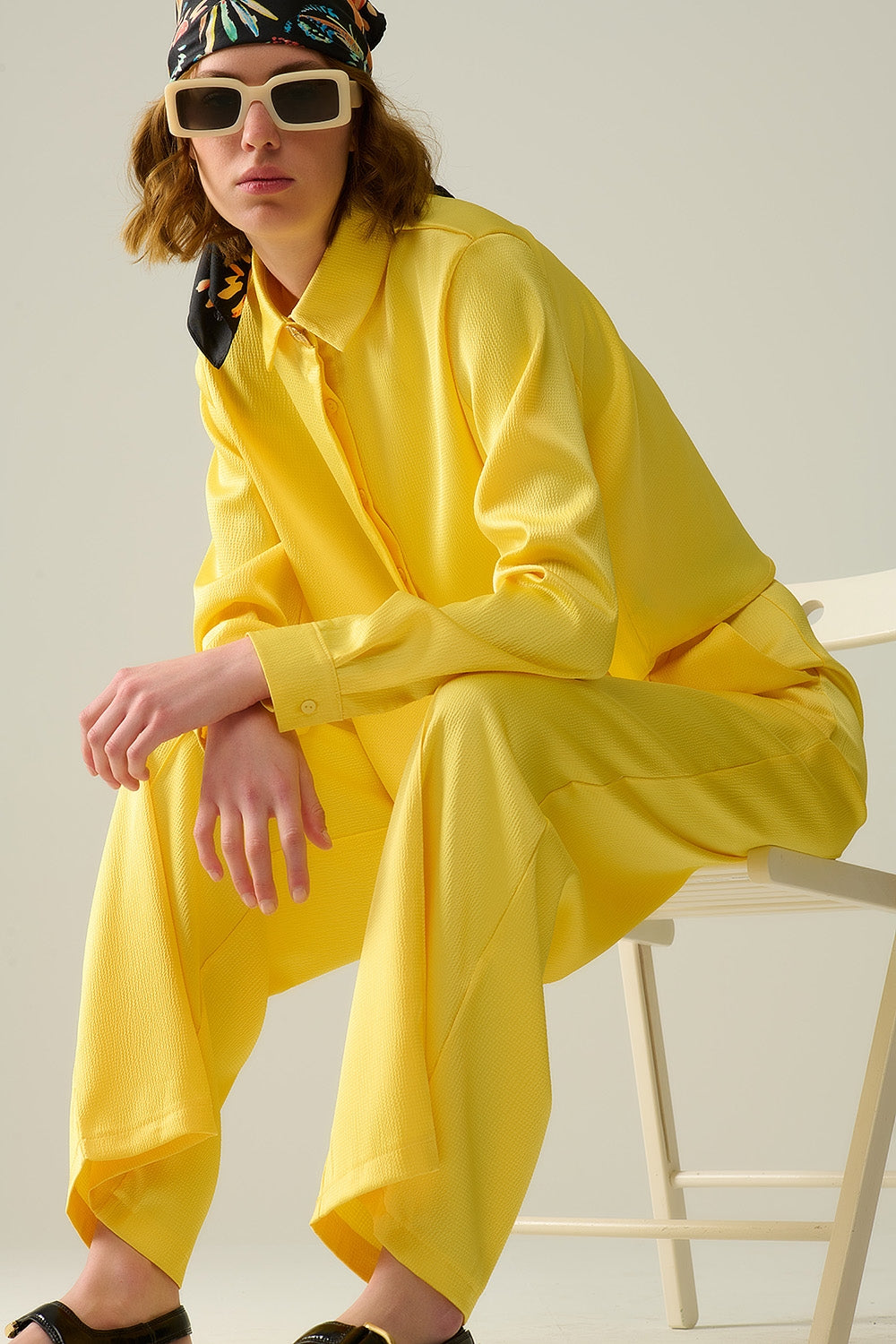 Textured Yellow Satin Short Sleeve Shirt for Women - Elegant Casual Wear for Office, Date Night & Summer Outfits