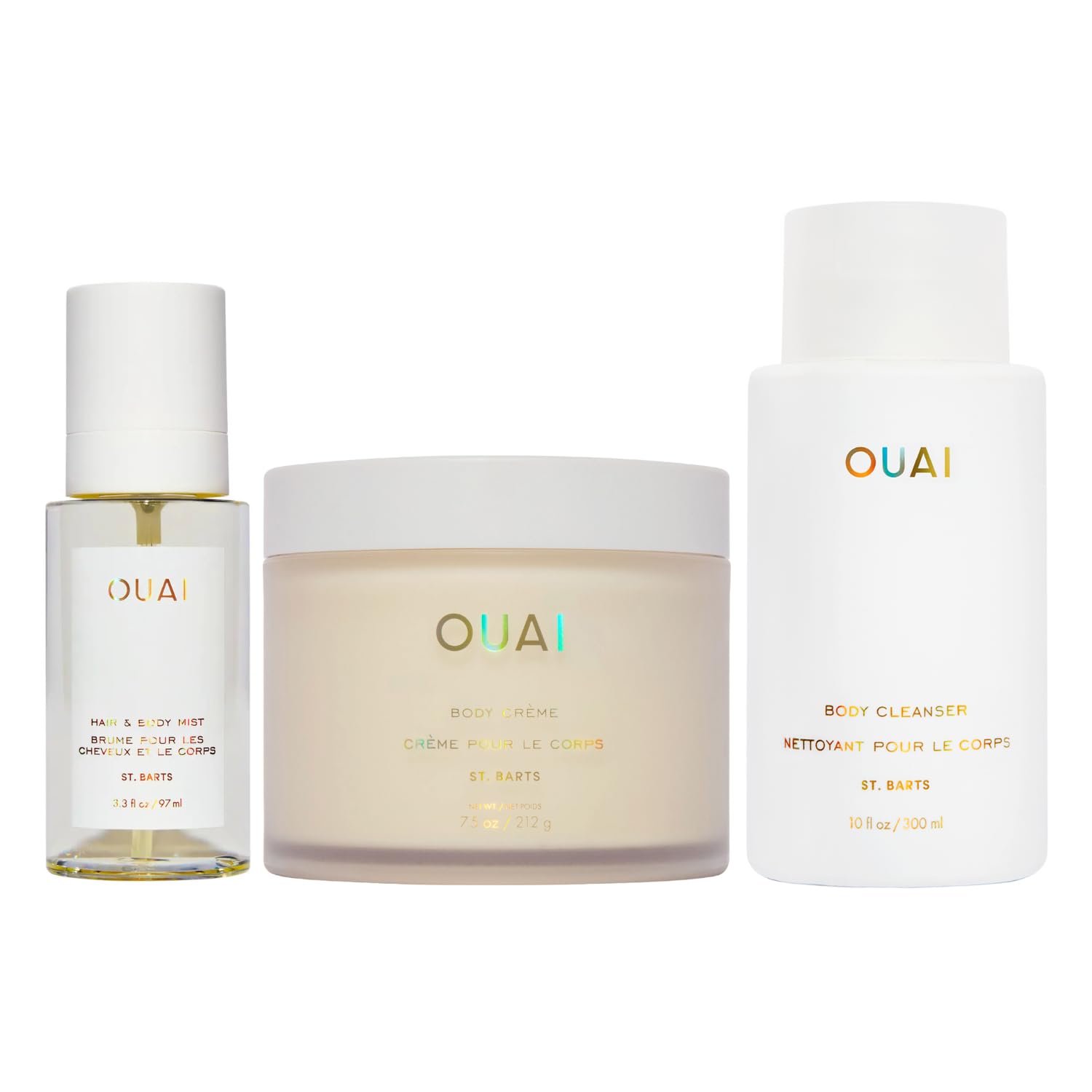 OUAI St. Barts Body Care Gift Set - 3 Piece Luxury Hair & Body Mist (3.3 Oz), Hydrating Body Cream (7.5 Oz) and Body Wash (10 Oz) - Head-to-Toe Fragrance & Moisturizing Routine for Spa Day, Travel & Self-Care