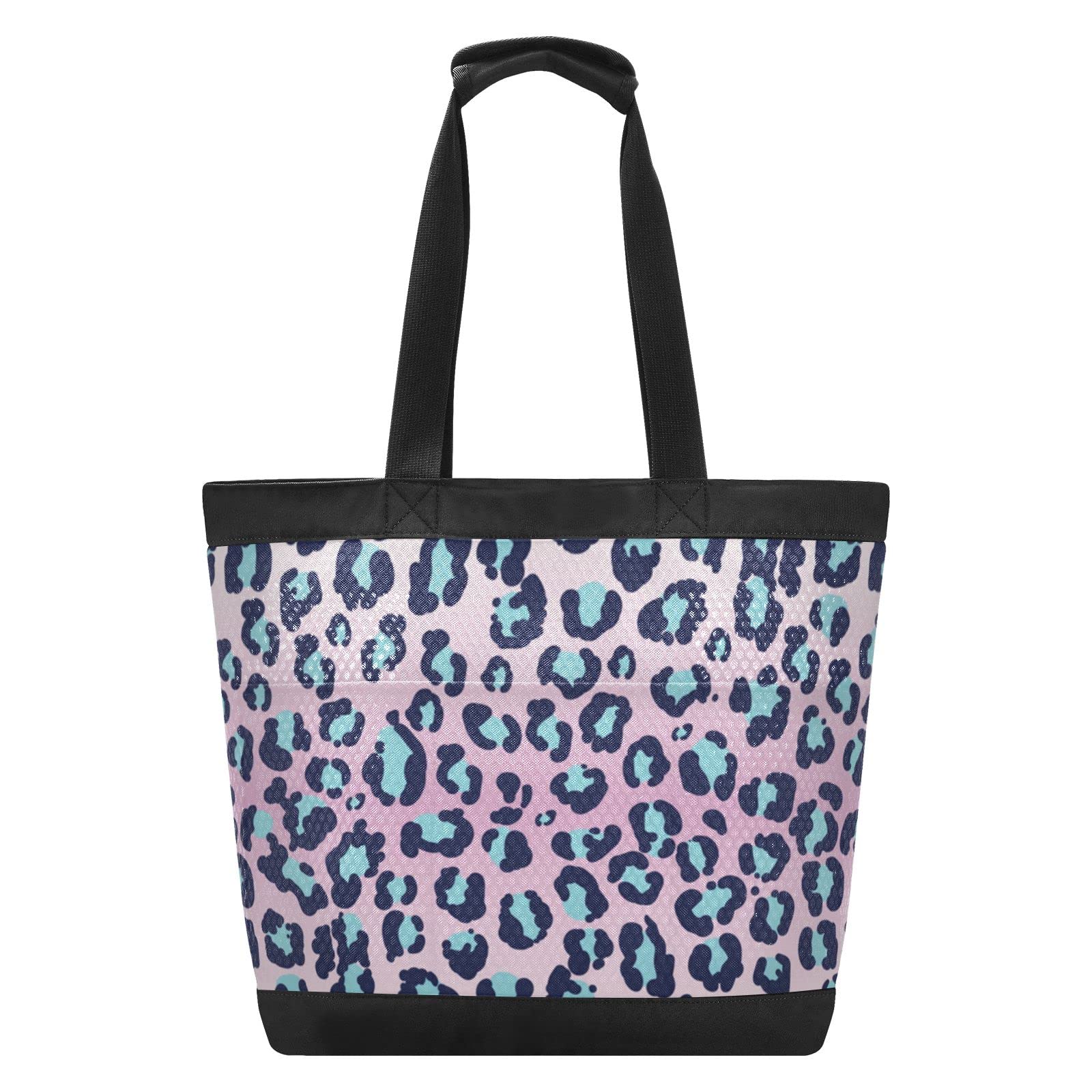 Leopard Print Rainbow Mesh Beach Tote Bag - Large Foldable Lightweight Grocery Storage Net Bag with Pockets (44