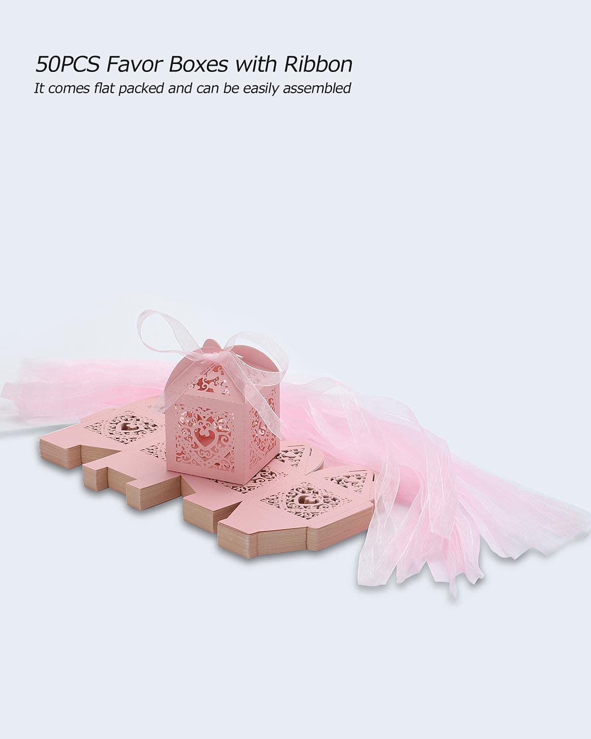 Kslong 50 Pack Pink Heart-Shaped Wedding Favor Boxes - 2x2x2 Inch Small Chocolate Candy Gift Boxes with Ribbon for Wedding, Birthday & Baby Shower Party Decorations - Perfect for Guest Favors, Bridal Showers & Special Events