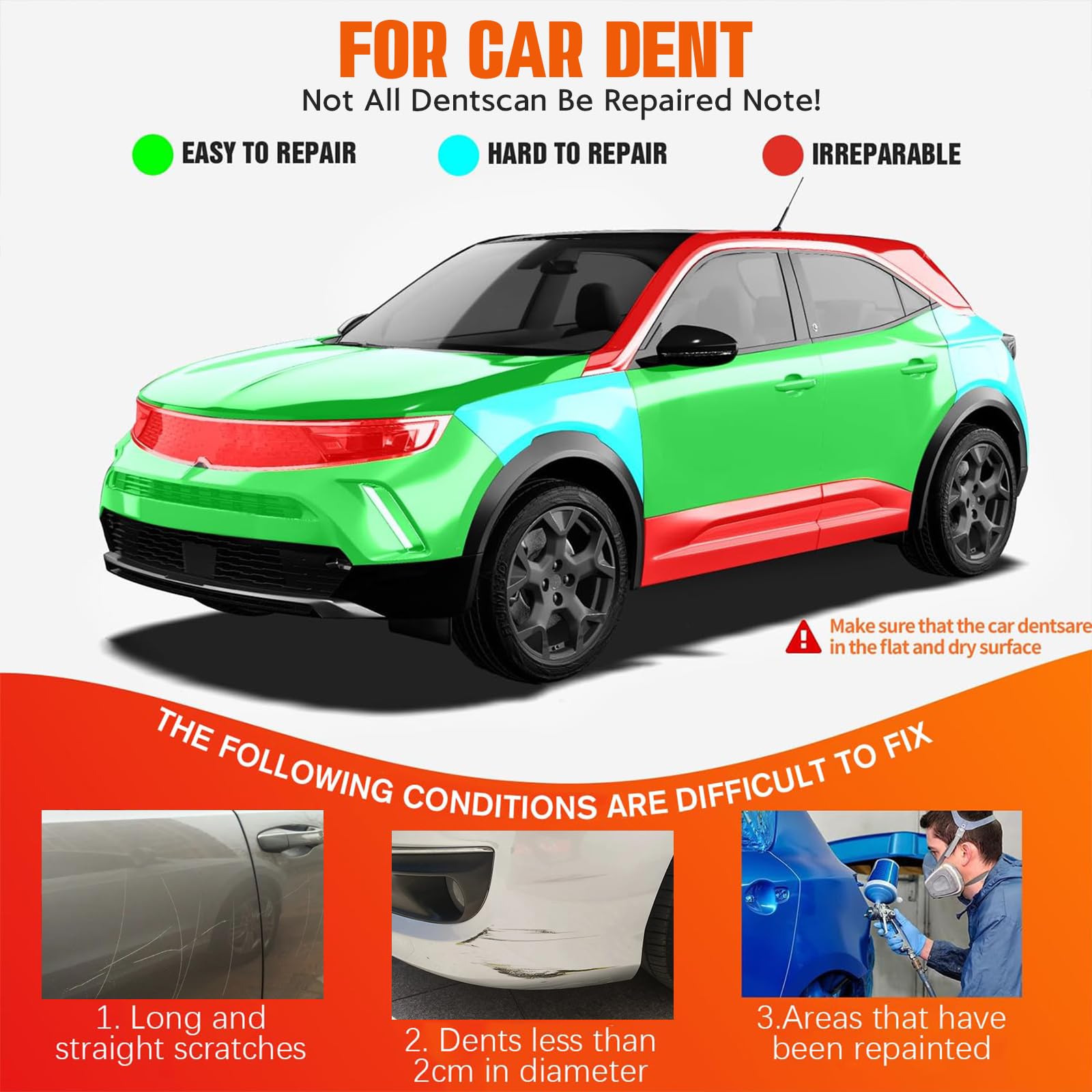 3-Piece Car Dent Puller Kit - Powerful Paintless Dent Removal Tool for Auto Body Repair (Black & Orange) | Fix Dents on Doors, Hood & Panels | Glass & Screen Repair Accessories