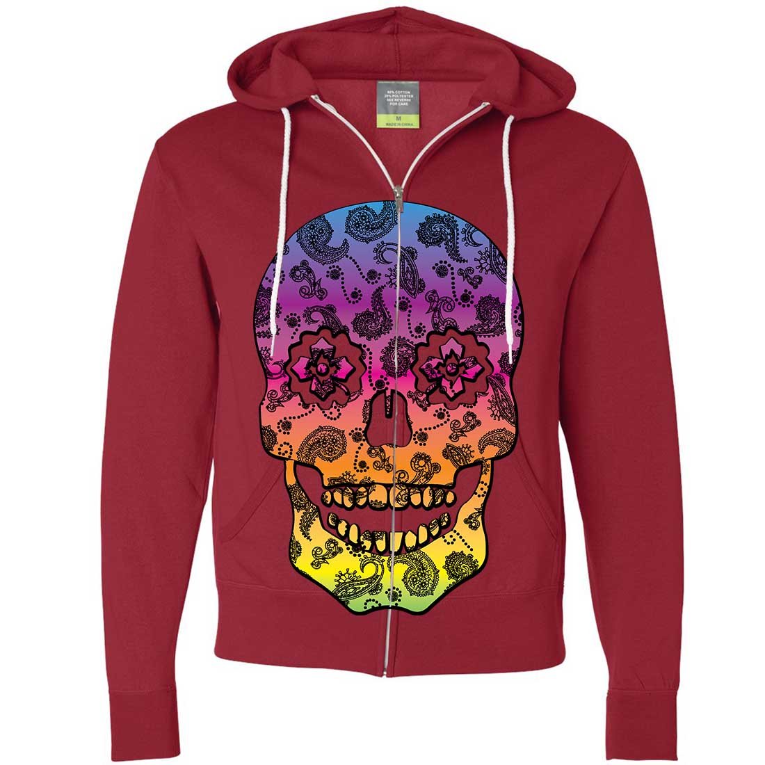Neon Paisley Print Sugar Skull Zip-Up Hoodie for Women - Gothic Streetwear, Halloween Costume & Festival Fashion