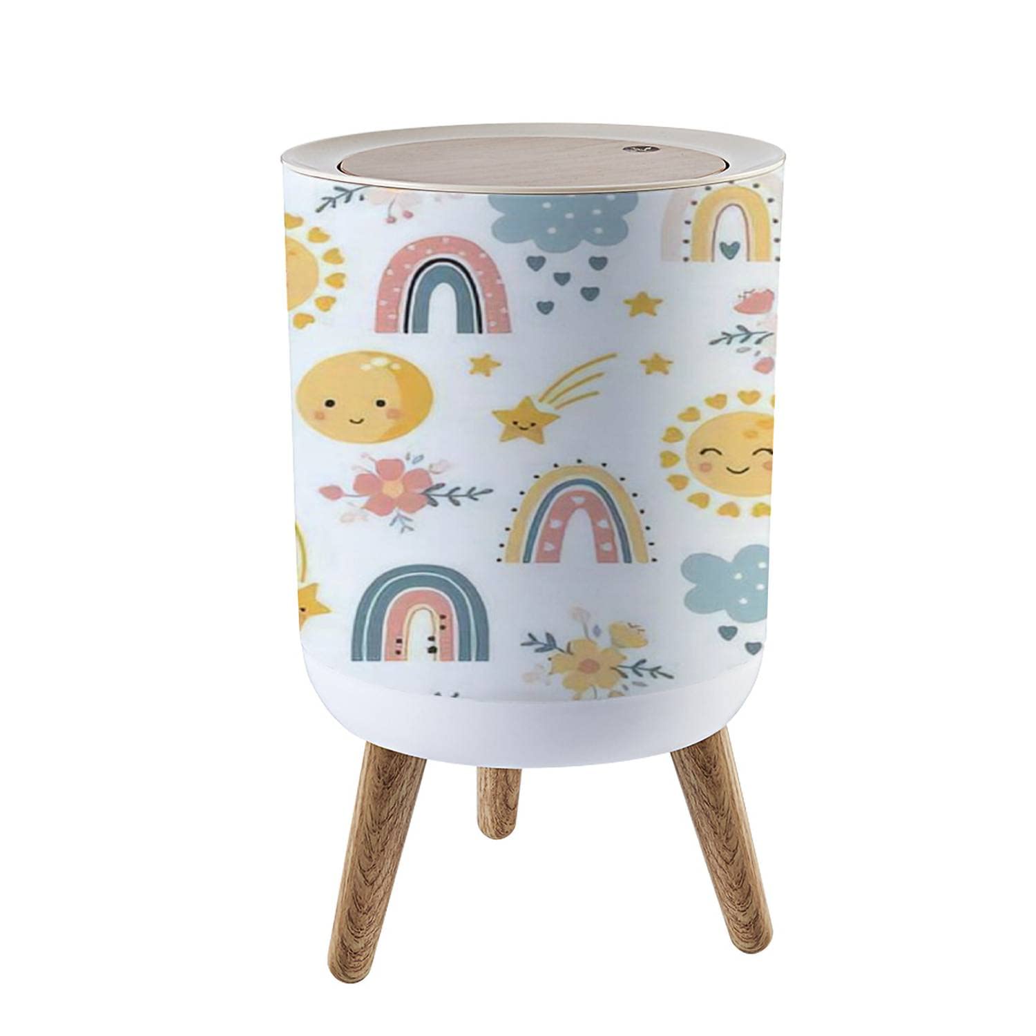 Boho Rainbow Small Trash Can with Lid - 1.8 Gallon Round Waste Bin with Sun & Moon Design - Scandi Style Press Cover Garbage Bin - Dog Proof for Kitchen, Bathroom, Living Room - Perfect for Home Decor & Waste Management